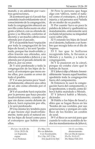 mandó, y en adelante por vues-
tras generaciones,
24 acontecerá que si el pecado fue
cometido inadvertidamente sin el
conocimiento de la congregación,
toda la congregación ofrecerá un
novillo como holocausto en olor
grato a Jehová, con su ofrenda de
grano y su libación, conforme al
decreto; y un macho cabrío como
ofrenda por el pecado.
25 Y el sacerdote hará a
expiación
por toda la congregación de los
hijos de Israel; y les será b
perdo-
nado, porque fue inadvertido; y
ellos traerán sus ofrendas, una
ofrenda encendida a Jehová, y su
ofrenda por el pecado delante de
Jehová, por su error.
26 Y será perdonado a toda la
congregación de los hijos de Is-
rael y al extranjero que mora en-
tre ellos, por cuanto es error de
todo el pueblo.
27 Y si una persona peca a
inad-
vertidamente, ofrecerá una cabra
de un año como ofrenda por el
pecado.
28 Y el sacerdote hará expiación
por la persona que haya pecado
inadvertidamente; cuando pe-
que sin darse cuenta delante de
Jehová, hará expiación por ella,
y le será perdonado.
29 Una misma ley tendréis para
el que hiciere algo inadvertida-
mente, tanto para el natural en-
tre los hijos de Israel como para
el extranjero que habite entre
ellos.
30 Pero la persona que haga
algo con a
altivez, tanto el natu-
ral como el extranjero, a Jehová
injuria; y tal persona será b
talada
de en medio de su pueblo.
31 Por cuanto a
tuvo en poco la
palabra de Jehová y quebrantó su
mandamiento, enteramente será
excluida tal persona; su iniquidad
caerá sobre ella.
32 Y estando los hijos de Israel
en el desierto, hallaron a un hom-
bre que recogía leña en el día de
a
reposo.
33 Y los que le hallaron
recogiendo leña, le llevaron a
Moisés y a Aarón, y a toda la
congregación.
34 Y lo pusieron en la cárcel,
porque no estaba claro qué le
habían de hacer.
35YJehová dijo a Moisés: Irremi-
siblemente a
muera aquel hombre;
apedréelo toda la congregación
fuera del campamento.
36 Entonces lo sacó la congre-
gación fuera del campamento, y
lo apedrearon, y murió, como Je-
hová había mandado a Moisés.
37 Y Jehová habló a Moisés,
diciendo:
38 Habla a los hijos de Israel y
diles que se hagan ﬂecos en los
a
bordes de sus vestidos, por sus
generaciones; y pongan en cada
ﬂeco de los bordes un cordón
de azul.
39 Y el ﬂeco os servirá para que
cuando lo veáis os acordéis de to-
dos los mandamientos de Jehová,
25 a Lev. 1:4; 4:20–26;
2 Cró. 29:23–24.
GEE Expiación,
expiar.
b GEE Perdonar.
27 a Mos. 3:11.
30 a GEE Rebelión.
b GEE Excomunión.
31 a 1 Ne. 19:7; 2 Ne.
33:2; Jacob 4:14; DyC
3:4–13. GEE Odio,
aborrecimiento.
32 a GEE Día de reposo.
35 a Éx. 31:12–17.
38 a Mateo 9:20; 23:5.
259 NÚMEROS 15:24–39
 