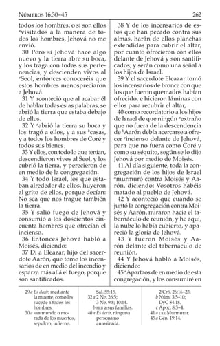 todos los hombres, o si son ellos
a
visitados a la manera de to-
dos los hombres, Jehová no me
envió.
30 Pero si Jehová hace algo
nuevo y la tierra abre su boca,
y los traga con todas sus perte-
nencias, y descienden vivos al
a
Seol, entonces conoceréis que
estos hombres menospreciaron
a Jehová.
31 Y aconteció que al acabar él
de hablar todas estas palabras, se
abrió la tierra que estaba debajo
de ellos.
32 Y a
abrió la tierra su boca y
los tragó a ellos, y a sus b
casas,
y a todos los hombres de Coré y
todos sus bienes.
33Yellos, con todo lo que tenían,
descendieron vivos al Seol, y los
cubrió la tierra, y perecieron de
en medio de la congregación.
34 Y todo Israel, los que esta-
ban alrededor de ellos, huyeron
al grito de ellos, porque decían:
No sea que nos trague también
la tierra.
35 Y salió fuego de Jehová y
consumió a los doscientos cin-
cuenta hombres que ofrecían el
incienso.
36 Entonces Jehová habló a
Moisés, diciendo:
37 Di a Eleazar, hijo del sacer-
dote Aarón, que tome los incen-
sarios de en medio del incendio y
esparza más allá el fuego, porque
son santiﬁcados.
38 Y de los incensarios de es-
tos que han pecado contra sus
almas, harán de ellos planchas
extendidas para cubrir el altar,
por cuanto ofrecieron con ellos
delante de Jehová y son santiﬁ-
cados; y serán como una señal a
los hijos de Israel.
39 Y el sacerdote Eleazar tomó
los incensarios de bronce con que
los que fueron quemados habían
ofrecido, e hicieron láminas con
ellos para recubrir el altar,
40 como recordatorio a los hijos
de Israel de que ningún a
extraño
que no fuera de la descendencia
de b
Aarón debía acercarse a ofre-
cer c
incienso delante de Jehová,
para que no fuera como Coré y
como su séquito, según se lo dijo
Jehová por medio de Moisés.
41 Al día siguiente, toda la con-
gregación de los hijos de Israel
a
murmuró contra Moisés y Aa-
rón, diciendo: Vosotros habéis
matado al pueblo de Jehová.
42 Y aconteció que cuando se
juntó la congregación contra Moi-
sés y Aarón, miraron hacia el ta-
bernáculo de reunión, y he aquí,
la nube lo había cubierto, y apa-
reció la gloria de Jehová.
43 Y fueron Moisés y Aa-
rón delante del tabernáculo de
reunión.
44 Y Jehová habló a Moisés,
diciendo:
45 a
Apartaos de en medio de esta
congregación, y los consumiré en
29 a Es decir, mediante
la muerte, como les
sucede a todos los
hombres.
30 a HEB mundo o mo-
rada de los muertos,
sepulcro, inﬁerno.
Sal. 55:15.
32 a 2 Ne. 26:5;
3 Ne. 9:8; 10:14.
b HEB a sus familias.
40 a Es decir, ninguna
persona no
autorizada.
2 Cró. 26:16–23.
b Núm. 3:5–10;
DyC 84:18.
c Apoc. 8:3–4.
41 a GEE Murmurar.
45 a Gén. 19:14.
262NÚMEROS 16:30–45
 