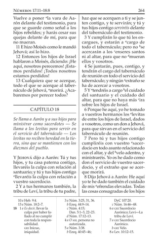 Vuelve a poner a
la vara de Aa-
rón delante del testimonio, para
que se guarde como señal a los
hijos rebeldes; y harás cesar sus
quejas delante de mí, para que
no mueran.
11 E hizo Moisés como le mandó
Jehová; así lo hizo.
12 Entonces los hijos de Israel
hablaron a Moisés, diciendo: ¡He
aquí, nosotros perecemos! ¡Esta-
mos perdidos! ¡Todos nosotros
estamos perdidos!
13 Cualquiera que se acerque,
todo el que se acerque al taber-
náculo de Jehová, a
morirá. ¿Aca-
baremos por perecer todos?
CAPÍTULO 18
Se llama a Aarón y a sus hijos para
ministrar como sacerdotes — Se
llama a los levitas para servir en
el servicio del tabernáculo — Los
levitas no reciben heredad en la tie-
rra, sino que se mantienen con los
diezmos del pueblo.
Y JEHOVÁ dijo a Aarón: Tú y tus
hijos, y tu casa paterna contigo,
llevaréis la culpa con relación al
santuario; y tú y tus hijos contigo
a
llevaréis la culpa con relación a
vuestro sacerdocio.
2 Y a tus hermanos también, la
tribu de Leví, la tribu de tu padre,
haz que se acerquen a ti y se jun-
ten contigo, y te servirán; y tú y
tus hijos contigo serviréis delante
del tabernáculo del testimonio.
3 Y cumplirán lo que tú les en-
cargues, y estarán a a
cargo de
todo el tabernáculo; pero no b
se
acercarán a los c
enseres santos
ni al altar, para que no d
mueran
ellos y vosotros.
4 Se juntarán, pues, contigo, y
tendrán el cargo del tabernáculo
de reunión en todo el servicio del
tabernáculo; y ningún a
extraño se
ha de acercar a vosotros.
5 Y a
tendréis a cargo b
el cuidado
del santuario y el cuidado del
altar, para que no haya más c
ira
sobre los hijos de Israel.
6 Porque he aquí, yo he tomado
a vuestros hermanos los a
levitas
de entre los hijos de Israel, dados
a vosotros, como un don a Jehová,
para que sirvan en el servicio del
tabernáculo de reunión.
7 Pero tú y tus hijos contigo
cumpliréis con vuestro a
sacer-
docio en todo asunto relacionado
con el altar, y del b
velo adentro, y
ministraréis. Yo os he dado como
don el servicio de vuestro sacer-
docio, y el extraño que se acer-
que morirá.
8 Dijo Jehová a Aarón: He aquí
yo te he dado también el cuidado
de mis a
ofrendas elevadas. Todas
las cosas consagradas de los hijos
10 a Heb. 9:4.
13 a Núm. 18:2–7.
18 1 a Es decir, llevar la
culpa por haber fa-
llado al no cumplir
con toda la respon-
sabilidad.
GEE Inicuo,
iniquidad.
3 a Núm. 3:25, 31, 36.
b Ezeq. 44:9–14.
c Núm. 4:15;
Dan. 5:1–3, 22–23.
d Núm. 17:12–13.
4 a O sea, persona no
autorizada.
5 a Núm. 3:38.
b Ezeq. 40:45–46;
DyC 107:20.
c Núm. 16:46–48.
6 a GEE Sacerdocio
Aarónico; Leví—La
tribu de Leví.
7 a GEE Sacerdocio
Aarónico.
b GEE Velo.
8 a Lev. 10:12–15.
264NÚMEROS 17:11–18:8
 