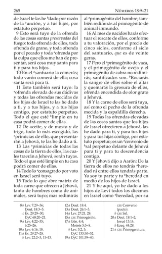 de Israel te las he b
dado por razón
de la c
unción, y a tus hijos, por
estatuto perpetuo.
9 Esto será tuyo de la ofrenda
de las cosas santas preservadas del
fuego: toda ofrenda de ellos, toda
ofrenda de grano, y toda ofrenda
por el pecado y toda a
ofrenda por
la culpa que ellos me han de pre-
sentar, será cosa muy santa para
ti y para tus hijos.
10 En el a
santuario la comerás;
todo varón comerá de ella; cosa
santa será para ti.
11 Esto también será tuyo: la
a
ofrenda elevada de sus dádivas
y todas las ofrendas mecidas de
los hijos de Israel te las he dado
a ti, y a tus hijos, y a tus hijas
contigo, por estatuto perpetuo.
Todo el que esté b
limpio en tu
casa podrá comer de ellas.
12 De aceite, y de mosto y de
trigo, todo lo más escogido, las
a
primicias de ello, que presenta-
rán a Jehová, te las he dado a ti.
13 Las a
primicias de todas las
cosas de la tierra de ellos, las cua-
les traerán a Jehová, serán tuyas.
Todo el que esté limpio en tu casa
podrá comer de ellas.
14 Todo lo a
consagrado por voto
en Israel será tuyo.
15 Todo lo que abre matriz de
toda carne que ofrecen a Jehová,
tanto de hombres como de ani-
males, será tuyo; mas redimirás
al a
primogénito del hombre; tam-
bién redimirás al primogénito de
animal inmundo.
16 Al mes de nacidos harás efec-
tuar el rescate de ellos, conforme
a tu valoración, por el precio de
cinco siclos, conforme al siclo
del santuario, que es de veinte
geras.
17 Pero el a
primogénito de vaca,
y el primogénito de oveja y el
primogénito de cabra no redimi-
rás; santiﬁcados son. b
Rociarás
la sangre de ellos sobre el altar
y quemarás la grosura de ellos,
ofrenda encendida de olor grato
a Jehová.
18 Y la carne de ellos será tuya,
así como el pecho de la ofrenda
mecida y la espaldilla derecha.
19 Todas las ofrendas elevadas
de las cosas santas que los hijos
de Israel ofrecieren a Jehová, las
he dado para ti, y para tus hijos
y para tus hijas contigo, por esta-
tuto perpetuo; es un a
convenio de
b
sal perpetuo delante de Jehová
para ti y para tu descendencia
contigo.
20 Y Jehová dijo a Aarón: De la
tierra de ellos no tendrás a
here-
dad ni entre ellos tendrás parte.
Yo soy tu parte y tu b
heredad en
medio de los hijos de Israel.
21 Y he aquí, yo he dado a los
hijos de Leví todos los diezmos
en Israel como a
heredad, por su
8 b Lev. 7:29–36;
Deut. 18:3–5.
c Éx. 29:29–30;
DyC 68:20–21.
9 a Lev. 4:22–35;
6:25–26.
10 a Lev. 6:16, 18.
11 a Éx. 29:27–28.
b Lev. 22:2–3, 11–13.
12 a Deut. 18:4.
13 a Deut. 26:1–3.
14 a Lev. 27:21, 28.
15 a GEE Primogénito.
17 a Gén. 4:4;
Moisés 5:5–8.
b Lev. 3:2, 5;
DyC 133:50–52.
19 a DyC 101:39–40.
GEE Convenio
(pacto).
b GEE Sal.
20 a Deut. 18:1–2;
Josué 13:14.
b Ezeq. 44:28.
21 a GEE Primogenitura.
265 NÚMEROS 18:9–21
 