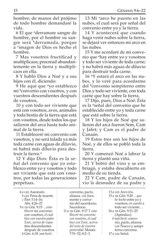 hombre; de manos del prójimo
de todo hombre demandaré la
vida.
6 El que a
derramare sangre de
hombre, por el hombre su san-
gre será b
derramada, porque
a c
imagen de Dios es hecho el
hombre.
7 Mas vosotros fructiﬁcad y
multiplicaos; procread abundan-
temente en la tierra y multipli-
caos en ella.
8 Y habló Dios a Noé y a sus
hijos con él, diciendo:
9 He aquí que a
yo establezco
mi b
convenio con vosotros, y con
vuestros descendientes después
de vosotros,
10 y con todo ser viviente que
está con vosotros, aves, animales
y toda bestia de la tierra que está
con vosotros, desde todos los que
salieron del arca hasta todo ani-
mal de la tierra.
11 Estableceré mi convenio con
vosotros, y no será talada ya más
toda carne con aguas de diluvio,
ni habrá más diluvio para des-
truir la tierra.a
12 Y dijo Dios: Ésta es la se-
ñal del convenio que yo esta-
blezco entre yo y vosotros y todo
ser viviente que está con voso-
tros, por todas las generaciones
perpetuas.
13 Mi a
arco he puesto en las
nubes, el cual será por señal del
convenio entre yo y la tierra.
14 Y acontecerá que cuando
haga venir nubes sobre la tierra,
se dejará ver entonces mi arco en
las nubes.
15 Y me acordaré de mi conve-
nio que a
hay entre yo y vosotros
y todo ser viviente de toda carne;
y no habrá más aguas de diluvio
para destruir toda carne.
16 a
Y estará el arco en las nu-
bes, y lo veré para acordarme
del b
convenio sempiterno entre
Dios y todo ser viviente, con toda
carne que hay sobre la tierra.
17 Dijo, pues, Dios a Noé: Ésta
es la a
señal del convenio que he
establecido entre yo y toda carne
que está sobre la tierra.
18 Y los hijos de Noé que sa-
lieron del arca fueron Sem, Cam
y Jafet; y Cam es el padre de
Canaán.
19 Estos tres son los hijos de
Noé, y de ellos se pobló toda la
tierra.
20 Y comenzó Noé a labrar la
tierra y plantó una viña.
21 Y bebió del vino y se em-
briagó, y estaba descubierto en
medio de su tienda.
22 Y Cam, padre de Canaán,
vio la desnudez de su padre y
6 a GEE Asesinato.
b GEE Pena de muerte.
c Éter 3:14–16;
Abr. 4:26–27.
9 a TJS Gén. 9:15 …esta-
bleceré mi convenio
con vosotros, el cual
hice con vuestro padre
Enoc, acerca de vues-
tros descendientes
después de vosotros.
b Gén. 6:18. HEB berit:
convenio, pacto,
alianza. GEE Jura-
mento y conve-
nio del sacerdocio;
Sacerdocio.
11 a TJS Gén. 9:17 Y esta-
bleceré mi convenio
con vosotros, el cual
hice con Enoc, acerca
del resto de vuestra
posteridad. Moisés
7:51–52; 8:2–3.
13 a GEE Arco iris.
15 a TJS Gén. 9:20 …que
he hecho entre yo y
vosotros, en cuanto a
todo ser viviente…
16 a TJS Gén. 9:21–25
(Apéndice).
b HEB berit: conve-
nio, pacto, alianza.
GEE Nuevo y sempi-
terno convenio.
17 a GEE Señal.
15 GÉNESIS 9:6–22
 