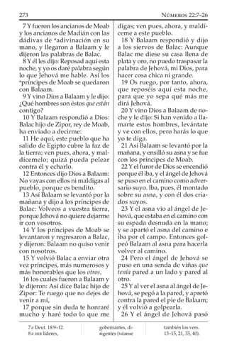 7 Y fueron los ancianos de Moab
y los ancianos de Madián con las
dádivas de a
adivinación en su
mano, y llegaron a Balaam y le
dijeron las palabras de Balac.
8 Y él les dijo: Reposad aquí esta
noche, y yo os daré palabra según
lo que Jehová me hable. Así los
a
príncipes de Moab se quedaron
con Balaam.
9 Y vino Dios a Balaam y le dijo:
¿Qué hombres son éstos que están
contigo?
10 Y Balaam respondió a Dios:
Balac hijo de Zipor, rey de Moab,
ha enviado a decirme:
11 He aquí, este pueblo que ha
salido de Egipto cubre la faz de
la tierra; ven pues, ahora, y mal-
dícemelo; quizá pueda pelear
contra él y echarlo.
12 Entonces dijo Dios a Balaam:
No vayas con ellos ni maldigas al
pueblo, porque es bendito.
13 Así Balaam se levantó por la
mañana y dijo a los príncipes de
Balac: Volveos a vuestra tierra,
porque Jehová no quiere dejarme
ir con vosotros.
14 Y los príncipes de Moab se
levantaron y regresaron a Balac,
y dijeron: Balaam no quiso venir
con nosotros.
15 Y volvió Balac a enviar otra
vez príncipes, más numerosos y
más honorables que los otros,
16 los cuales fueron a Balaam y
le dijeron: Así dice Balac hijo de
Zipor: Te ruego que no dejes de
venir a mí,
17 porque sin duda te honraré
mucho y haré todo lo que me
digas; ven pues, ahora, y maldí-
ceme a este pueblo.
18 Y Balaam respondió y dijo
a los siervos de Balac: Aunque
Balac me diese su casa llena de
plata y oro, no puedo traspasar la
palabra de Jehová, mi Dios, para
hacer cosa chica ni grande.
19 Os ruego, por tanto, ahora,
que reposéis aquí esta noche,
para que yo sepa qué más me
dirá Jehová.
20 Y vino Dios a Balaam de no-
che y le dijo: Si han venido a lla-
marte estos hombres, levántate
y ve con ellos, pero harás lo que
yo te diga.
21 Así Balaam se levantó por la
mañana, y ensilló su asna y se fue
con los príncipes de Moab.
22 Y el furor de Dios se encendió
porque él iba, y el ángel de Jehová
se puso en el camino como adver-
sario suyo. Iba, pues, él montado
sobre su asna, y con él dos cria-
dos suyos.
23 Y el asna vio al ángel de Je-
hová, que estaba en el camino con
su espada desnuda en la mano;
y se apartó el asna del camino e
iba por el campo. Entonces gol-
peó Balaam al asna para hacerla
volver al camino.
24 Pero el ángel de Jehová se
puso en una senda de viñas que
tenía pared a un lado y pared al
otro.
25 Y al ver el asna al ángel de Je-
hová, se pegó a la pared, y apretó
contra la pared el pie de Balaam;
y él volvió a golpearla.
26 Y el ángel de Jehová pasó
7 a Deut. 18:9–12.
8 a HEB líderes,
gobernantes, di-
rigentes (véanse
también los vers.
13–15, 21, 35, 40).
273 NÚMEROS 22:7–26
 