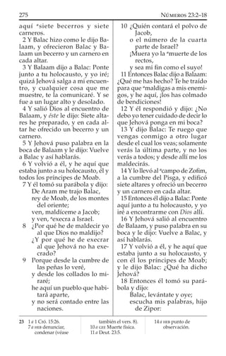 aquí a
siete becerros y siete
carneros.
2 Y Balac hizo como le dijo Ba-
laam, y ofrecieron Balac y Ba-
laam un becerro y un carnero en
cada altar.
3 Y Balaam dijo a Balac: Ponte
junto a tu holocausto, y yo iré;
quizá Jehová salga a mi encuen-
tro, y cualquier cosa que me
muestre, te la comunicaré. Y se
fue a un lugar alto y desolado.
4 Y salió Dios al encuentro de
Balaam, y éste le dijo: Siete alta-
res he preparado, y en cada al-
tar he ofrecido un becerro y un
carnero.
5 Y Jehová puso palabra en la
boca de Balaam y le dijo: Vuelve
a Balac y así hablarás.
6 Y volvió a él, y he aquí que
estaba junto a su holocausto, él y
todos los príncipes de Moab.
7 Y él tomó su parábola y dijo:
De Aram me trajo Balac,
rey de Moab, de los montes
del oriente;
ven, maldíceme a Jacob;
y ven, a
execra a Israel.
8 ¿Por qué he de maldecir yo
al que Dios no maldijo?
¿Y por qué he de execrar
al que Jehová no ha exe-
crado?
9 Porque desde la cumbre de
las peñas lo veré,
y desde los collados lo mi-
raré;
he aquí un pueblo que habi-
tará aparte,
y no será contado entre las
naciones.
10 ¿Quién contará el polvo de
Jacob,
o el número de la cuarta
parte de Israel?
¡Muera yo la a
muerte de los
rectos,
y sea mi ﬁn como el suyo!
11 Entonces Balac dijo a Balaam:
¿Qué me has hecho? Te he traído
para que a
maldigas a mis enemi-
gos, y he aquí, ¡los has colmado
de bendiciones!
12 Y él respondió y dijo: ¿No
debo yo tener cuidado de decir lo
que Jehová ponga en mi boca?
13 Y dijo Balac: Te ruego que
vengas conmigo a otro lugar
desde el cual los veas; solamente
verás la última parte, y no los
verás a todos; y desde allí me los
maldecirás.
14 Y lo llevó al a
campo de Zoﬁm,
a la cumbre del Pisga, y ediﬁcó
siete altares y ofreció un becerro
y un carnero en cada altar.
15 Entonces él dijo a Balac: Ponte
aquí junto a tu holocausto, y yo
iré a encontrarme con Dios allí.
16 Y Jehová salió al encuentro
de Balaam, y puso palabra en su
boca y le dijo: Vuelve a Balac, y
así hablarás.
17 Y volvió a él, y he aquí que
estaba junto a su holocausto, y
con él los príncipes de Moab;
y le dijo Balac: ¿Qué ha dicho
Jehová?
18 Entonces él tomó su pará-
bola y dijo:
Balac, levántate y oye;
escucha mis palabras, hijo
de Zipor:
23 1 a 1 Cró. 15:26.
7 a HEB denunciar,
condenar (véase
también el vers. 8).
10 a GEE Muerte física.
11 a Deut. 23:5.
14 a HEB punto de
observación.
275 NÚMEROS 23:2–18
 