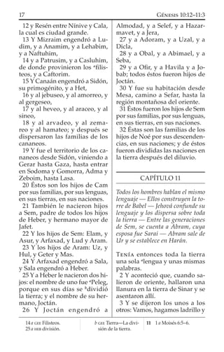 12 y Resén entre Nínive y Cala,
la cual es ciudad grande.
13 Y Mizraim engendró a Lu-
dim, y a Anamim, y a Lehabim,
y a Naftuhim,
14 y a Patrusim, y a Casluhim,
de donde provinieron los a
ﬁlis-
teos, y a Caftorim.
15 Y Canaán engendró a Sidón,
su primogénito, y a Het,
16 y al jebuseo, y al amorreo, y
al gergeseo,
17 y al heveo, y al araceo, y al
sineo,
18 y al arvadeo, y al zema-
reo y al hamateo; y después se
dispersaron las familias de los
cananeos.
19 Y fue el territorio de los ca-
naneos desde Sidón, viniendo a
Gerar hasta Gaza, hasta entrar
en Sodoma y Gomorra, Adma y
Zeboim, hasta Lasa.
20 Éstos son los hijos de Cam
por sus familias, por sus lenguas,
en sus tierras, en sus naciones.
21 También le nacieron hijos
a Sem, padre de todos los hijos
de Heber, y hermano mayor de
Jafet.
22 Y los hijos de Sem: Elam, y
Asur, y Arfaxad, y Lud y Aram.
23 Y los hijos de Aram: Uz, y
Hul, y Geter y Mas.
24 Y Arfaxad engendró a Sala,
y Sala engendró a Heber.
25 Y a Heber le nacieron dos hi-
jos: el nombre de uno fue a
Peleg,
porque en sus días se b
dividió
la tierra; y el nombre de su her-
mano, Joctán.
26 Y Joctán engendró a
Almodad, y a Selef, y a Hazar-
mavet, y a Jera,
27 y a Adoram, y a Uzal, y a
Dicla,
28 y a Obal, y a Abimael, y a
Seba,
29 y a Oﬁr, y a Havila y a Jo-
bab; todos éstos fueron hijos de
Joctán.
30 Y fue su habitación desde
Mesa, camino a Sefar, hasta la
región montañosa del oriente.
31 Éstos fueron los hijos de Sem
por sus familias, por sus lenguas,
en sus tierras, en sus naciones.
32 Éstas son las familias de los
hijos de Noé por sus descenden-
cias, en sus naciones; y de éstos
fueron divididas las naciones en
la tierra después del diluvio.
CAPÍTULO 11
Todos los hombres hablan el mismo
lenguaje — Ellos construyen la to-
rre de Babel — Jehová confunde su
lenguaje y los dispersa sobre toda
la tierra — Entre las generaciones
de Sem, se cuenta a Abram, cuya
esposa fue Sarai — Abram sale de
Ur y se establece en Harán.
TENÍA entonces toda la tierra
una sola a
lengua y unas mismas
palabras.
2 Y aconteció que, cuando sa-
lieron de oriente, hallaron una
llanura en la tierra de Sinar y se
asentaron allí.
3 Y se dijeron los unos a los
otros: Vamos, hagamos ladrillo y
14 a GEE Filisteos.
25 a HEB división.
b GEE Tierra—La divi-
sión de la tierra.
11 1 a Moisés 6:5–6.
17 GÉNESIS 10:12–11:3
 