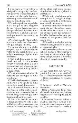4 y su padre oye su voto y la
a
obligación con que ligó su alma,
y su padre no le dice nada, todos
los votos de ella serán ﬁrmes, y
toda obligación con que haya li-
gado su alma ﬁrme será.
5 Pero si su padre se lo prohíbe
el día en que lo oye, ninguno
de sus votos ni las obligaciones
con que ella haya ligado su alma
serán ﬁrmes; y Jehová la perdo-
nará, por cuanto su padre se lo
prohibió.
6 Pero si es casada y hace votos,
o pronuncia de sus labios cosa
con que obligue su alma,
7 y su marido lo oye, y el día
en que lo oye no le dice nada, los
votos de ella serán ﬁrmes, y la
obligación con que ligó su alma
ﬁrme será.
8 Pero si el día en que su ma-
rido lo oye se lo prohíbe, enton-
ces el voto que ella hizo y lo que
pronunció de sus labios con que
ligó su alma será nulo; y Jehová
la perdonará.
9 Pero todo voto de viuda o di-
vorciada con que ligue su alma
será ﬁrme.
10 Y si ha hecho voto en casa de
su marido, y ha ligado su alma
con obligación de juramento,
11 y su marido lo oye y no le
dice nada, ni se lo prohíbe, enton-
ces todos sus votos serán ﬁrmes,
y toda obligación con que haya
ligado su alma ﬁrme será.
12 Pero si su marido los anula
el día en que los oye, todo lo que
salió de sus labios en cuanto a sus
votos y en cuanto a la obligación
de su alma será nulo; su ma-
rido los ha anulado, y Jehová la
perdonará.
13 Todo voto y todo juramento
con que ella se obligue a aﬂigir
el alma, su marido lo conﬁrmará
o su marido lo anulará.
14 Pero si su marido no le dice
nada día tras día, entonces con-
ﬁrma todos sus votos y todas
las obligaciones que están so-
bre ella; los ha conﬁrmado, por
cuanto no le dijo nada el día en
que lo oyó.
15 Pero si los anula después de
haberlos oído, entonces él llevará
el pecado de ella.
16 Éstas son las a
ordenanzas que
Jehová mandó a Moisés entre el
marido y su esposa, entre el pa-
dre y su hija, durante la juventud
de ésta en casa de su padre.
CAPÍTULO 31
Moisés envía doce mil guerreros
y éstos destruyen a los madiani-
tas — Se reparte el botín en Israel
— No hay pérdidas en los ejércitos
de Israel.
Y JEHOVÁ habló a Moisés,
diciendo:
2 Haz la a
venganza de los hijos
de Israel contra los madianitas;
después serás recogido con tu
pueblo.
3 Entonces Moisés habló al
pueblo, diciendo: Armad a al-
gunos de vosotros para la gue-
rra, y vayan contra Madián y
4 a O sea, promesa o
compromiso (véanse
también los vers. 5,
7, 10–12).
16 a HEB los estatutos.
31 2 a Lucas 18:1–8.
GEE Venganza.
289 NÚMEROS 30:4–31:3
 