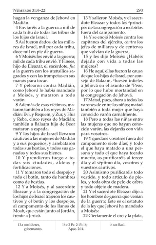 hagan la venganza de Jehová en
Madián.
4 Enviaréis a la guerra a mil de
cada tribu de todas las tribus de
los hijos de Israel.
5 Así fueron dados, de los milla-
res de Israel, mil por cada tribu,
doce mil en pie de guerra.
6 Y Moisés los envió a la guerra;
mil de cada tribu envió. Y Finees,
hijo de Eleazar, el sacerdote, fue
a la guerra con los utensilios sa-
grados y con las trompetas en sus
manos para tocar.
7 Y pelearon contra Madián,
como Jehová lo había mandado
a Moisés, y mataron a todo
varón.
8 Además de esas víctimas, ma-
taron también a los reyes de Ma-
dián: Evi, y Requem, y Zur, y Hur
y Reba, cinco reyes de Madián;
también a Balaam hijo de Beor
mataron a espada.
9 Y los hijos de Israel llevaron
cautivas a las mujeres de Madián
y a sus pequeños, y arrebataron
todas sus bestias, y todos sus ga-
nados y todos sus bienes.
10 Y prendieron fuego a to-
das sus ciudades, aldeas y
fortiﬁcaciones.
11 Y tomaron todo el despojo y
todo el botín, tanto de hombres
como de bestias.
12 Y a Moisés, y al sacerdote
Eleazar y a la congregación de
los hijos de Israel trajeron los cau-
tivos y el botín y los despojos,
al campamento de los llanos de
Moab, que están junto al Jordán,
frente a Jericó.
13 Y salieron Moisés, y el sacer-
dote Eleazar y todos los a
prínci-
pes de la congregación a recibirlos
fuera del campamento.
14 Y se enojó Moisés contra los
capitanes del ejército, contra los
jefes de millares y de centenas
que volvían de la guerra,
15 y les dijo Moisés: ¿Habéis
dejado con vida a todas las
mujeres?
16 He aquí, ellas fueron la causa
de que los hijos de Israel, por con-
sejo de Balaam, a
fuesen inﬁeles
a Jehová en el asunto de b
Peor,
por lo que hubo mortandad en
la congregación de Jehová.
17 Matad, pues, ahora a todos los
varones de entre los niños; matad
también a toda mujer que haya
conocido varón carnalmente.
18 Pero a todas las niñas entre
las mujeres que no hayan cono-
cido varón, las dejaréis con vida
para vosotros.
19 Y quedaos vosotros fuera del
campamento siete días; y todo
el que haya matado a una per-
sona y todo el que haya tocado
muerto, os puriﬁcaréis al tercer
día y al séptimo día, vosotros y
vuestros cautivos.
20 Asimismo puriﬁcaréis todo
vestido, y todo artículo de pie-
les, y toda obra de pelo de cabra
y todo objeto de madera.
21 Y el sacerdote Eleazar dijo a
los hombres de guerra que venían
de la guerra: Éste es el estatuto
de la ley que Jehová ha mandado
a Moisés:
22 Ciertamente el oro y la plata,
13 a HEB líderes,
gobernantes.
16 a 2 Pe. 2:15–16;
Apoc. 2:14.
b GEE Baal.
290NÚMEROS 31:4–22
 
