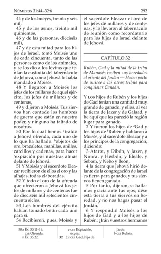 44 y de los bueyes, treinta y seis
mil,
45 y de los asnos, treinta mil
quinientos,
46 y de las personas, dieciséis
mil),
47 y de esta mitad para los hi-
jos de Israel, tomó Moisés uno
de cada cincuenta, tanto de las
personas como de los animales,
y se los dio a los levitas que te-
nían la custodia del tabernáculo
de Jehová, como Jehová lo había
mandado a Moisés.
48 Y llegaron a Moisés los
jefes de los millares de aquel ejér-
cito, los jefes de millares y de
centenas,
49 y dijeron a Moisés: Tus sier-
vos han contado los hombres
de guerra que están en nuestro
poder, y ninguno ha faltado de
nosotros.
50 Por lo cual hemos a
traído
a Jehová ofrenda, cada uno de
lo que ha hallado: b
objetos de
oro, brazaletes, manillas, anillos,
zarcillos y cadenas, para hacer
c
expiación por nuestras almas
delante de Jehová.
51 Y Moisés y el sacerdote Elea-
zar recibieron de ellos el oro y las
alhajas, todas elaboradas.
52 Y todo el oro de la ofrenda
que ofrecieron a Jehová los je-
fes de millares y de centenas fue
de dieciséis mil setecientos cin-
cuenta siclos.
53 Los hombres del ejército
habían tomado botín cada uno
para sí.
54 Recibieron, pues, Moisés y
el sacerdote Eleazar el oro de
los jefes de millares y de cente-
nas, y lo llevaron al tabernáculo
de reunión como recordatorio
para los hijos de Israel delante
de Jehová.
CAPÍTULO 32
Rubén, Gad y la mitad de la tribu
de Manasés reciben sus heredades
al oriente del Jordán — Hacen pacto
de unirse a las otras tribus para
conquistar Canaán.
Y LOS hijos de Rubén y los hijos
de Gad tenían una cantidad muy
grande de ganado; y ellos, al ver
la tierra de Jazer y de Galaad, y
he aquí que les pareció la región
lugar para ganado.
2 Y fueron los hijos de a
Gad y
los hijos de b
Rubén y hablaron a
Moisés, y al sacerdote Eleazar y a
los príncipes de la congregación,
diciendo:
3 Atarot, y Dibón, y Jazer, y
Nimra, y Hesbón, y Eleale, y
Sebam, y Nebo y Beón,
4 la tierra que Jehová hirió de-
lante de la congregación de Israel
es tierra para ganado, y tus sier-
vos tienen ganado.
5 Por tanto, dijeron, si halla-
mos gracia ante tus ojos, dése
esta tierra a tus siervos en he-
redad, y no nos hagas pasar el
Jordán.
6 Y respondió Moisés a los
hijos de Gad y a los hijos de
Rubén: ¿Irán vuestros hermanos
50 a Éx. 30:11–16.
GEE Ofrenda.
b Éx. 35:22.
c GEE Expiación,
expiar.
32 2 a GEE Gad, hijo de
Jacob.
b GEE Rubén.
292NÚMEROS 31:44–32:6
 