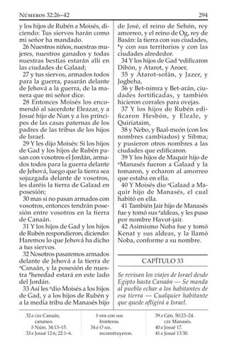 y los hijos de Rubén a Moisés, di-
ciendo: Tus siervos harán como
mi señor ha mandado.
26 Nuestros niños, nuestras mu-
jeres, nuestros ganados y todas
nuestras bestias estarán allí en
las ciudades de Galaad;
27 y tus siervos, armados todos
para la guerra, pasarán delante
de Jehová a la guerra, de la ma-
nera que mi señor dice.
28 Entonces Moisés los enco-
mendó al sacerdote Eleazar, y a
Josué hijo de Nun y a los prínci-
pes de las casas paternas de los
padres de las tribus de los hijos
de Israel.
29 Y les dijo Moisés: Si los hijos
de Gad y los hijos de Rubén pa-
san con vosotros el Jordán, arma-
dos todos para la guerra delante
de Jehová, luego que la tierra sea
sojuzgada delante de vosotros,
les daréis la tierra de Galaad en
posesión;
30 mas si no pasan armados con
vosotros, entonces tendrán pose-
sión entre vosotros en la tierra
de Canaán.
31 Y los hijos de Gad y los hijos
de Rubén respondieron, diciendo:
Haremos lo que Jehová ha dicho
a tus siervos.
32 Nosotros pasaremos armados
delante de Jehová a la tierra de
a
Canaán, y la posesión de nues-
tra b
heredad estará en este lado
del Jordán.
33 Así les a
dio Moisés a los hijos
de Gad, y a los hijos de Rubén y
a la media tribu de Manasés hijo
de José, el reino de Sehón, rey
amorreo, y el reino de Og, rey de
Basán: la tierra con sus ciudades,
b
y con sus territorios y con las
ciudades alrededor.
34 Y los hijos de Gad a
ediﬁcaron
Dibón, y Atarot, y Aroer,
35 y Atarot-sofán, y Jazer, y
Jogbeha,
36 y Bet-nimra y Bet-arán, ciu-
dades fortiﬁcadas, y también
hicieron corrales para ovejas.
37 Y los hijos de Rubén edi-
ﬁcaron Hesbón, y Eleale, y
Quiriataim,
38 y Nebo, y Baal-meón (con los
nombres cambiados) y Sibma;
y pusieron otros nombres a las
ciudades que ediﬁcaron.
39 Y los hijos de Maquir hijo de
a
Manasés fueron a Galaad y la
tomaron, y echaron al amorreo
que estaba en ella.
40 Y Moisés dio a
Galaad a Ma-
quir hijo de Manasés, el cual
habitó en ella.
41 También Jair hijo de Manasés
fue y tomó sus a
aldeas, y les puso
por nombre Havot-jair.
42 Asimismo Noba fue y tomó
Kenat y sus aldeas, y la llamó
Noba, conforme a su nombre.
CAPÍTULO 33
Se revisan los viajes de Israel desde
Egipto hasta Canaán — Se manda
al pueblo echar a los habitantes de
esa tierra — Cualquier habitante
que quede aﬂigirá a Israel.
32 a GEE Canaán,
cananeo.
b Núm. 34:13–15.
33 a Josué 12:6; 22:1–6.
b HEB con sus
fronteras.
34 a O sea,
reconstruyeron.
39 a Gén. 50:23–24.
GEE Manasés.
40 a Josué 17.
41 a Josué 13:30.
294NÚMEROS 32:26–42
 