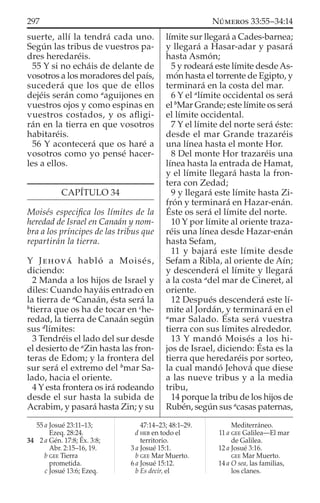 suerte, allí la tendrá cada uno.
Según las tribus de vuestros pa-
dres heredaréis.
55 Y si no echáis de delante de
vosotros a los moradores del país,
sucederá que los que de ellos
dejéis serán como a
aguijones en
vuestros ojos y como espinas en
vuestros costados, y os aﬂigi-
rán en la tierra en que vosotros
habitaréis.
56 Y acontecerá que os haré a
vosotros como yo pensé hacer-
les a ellos.
CAPÍTULO 34
Moisés especiﬁca los límites de la
heredad de Israel en Canaán y nom-
bra a los príncipes de las tribus que
repartirán la tierra.
Y JEHOVÁ habló a Moisés,
diciendo:
2 Manda a los hijos de Israel y
diles: Cuando hayáis entrado en
la tierra de a
Canaán, ésta será la
b
tierra que os ha de tocar en c
he-
redad, la tierra de Canaán según
sus d
límites:
3 Tendréis el lado del sur desde
el desierto de a
Zin hasta las fron-
teras de Edom; y la frontera del
sur será el extremo del b
mar Sa-
lado, hacia el oriente.
4 Y esta frontera os irá rodeando
desde el sur hasta la subida de
Acrabim, y pasará hasta Zin; y su
límite sur llegará a Cades-barnea;
y llegará a Hasar-adar y pasará
hasta Asmón;
5 y rodeará este límite desdeAs-
món hasta el torrente de Egipto, y
terminará en la costa del mar.
6 Y el a
límite occidental os será
el b
Mar Grande; este límite os será
el límite occidental.
7 Y el límite del norte será éste:
desde el mar Grande trazaréis
una línea hasta el monte Hor.
8 Del monte Hor trazaréis una
línea hasta la entrada de Hamat,
y el límite llegará hasta la fron-
tera con Zedad;
9 y llegará este límite hasta Zi-
frón y terminará en Hazar-enán.
Éste os será el límite del norte.
10 Y por límite al oriente traza-
réis una línea desde Hazar-enán
hasta Sefam,
11 y bajará este límite desde
Sefam a Ribla, al oriente de Aín;
y descenderá el límite y llegará
a la costa a
del mar de Cineret, al
oriente.
12 Después descenderá este lí-
mite al Jordán, y terminará en el
a
mar Salado. Ésta será vuestra
tierra con sus límites alrededor.
13 Y mandó Moisés a los hi-
jos de Israel, diciendo: Ésta es la
tierra que heredaréis por sorteo,
la cual mandó Jehová que diese
a las nueve tribus y a la media
tribu,
14 porque la tribu de los hijos de
Rubén, según sus a
casas paternas,
55 a Josué 23:11–13;
Ezeq. 28:24.
34 2 a Gén. 17:8; Éx. 3:8;
Abr. 2:15–16, 19.
b GEE Tierra
prometida.
c Josué 13:6; Ezeq.
47:14–23; 48:1–29.
d HEB en todo el
territorio.
3 a Josué 15:1.
b GEE Mar Muerto.
6 a Josué 15:12.
b Es decir, el
Mediterráneo.
11 a GEE Galilea—El mar
de Galilea.
12 a Josué 3:16.
GEE Mar Muerto.
14 a O sea, las familias,
los clanes.
297 NÚMEROS 33:55–34:14
 