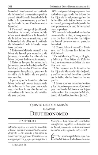 heredad de ellas será así quitada
de la heredad de nuestros padres
y será añadida a la heredad de la
tribu a la que se unan; y así será
quitada de la porción de nuestra
heredad.
4 Y cuando venga el a
jubileo de
los hijos de Israel, la heredad de
ellas será añadida a la heredad
de la tribu de sus maridos; y así
la heredad de ellas será quitada
de la heredad de la tribu de nues-
tros padres.
5 Entonces Moisés mandó a los
hijos de Israel por mandato de
Jehová, diciendo: La tribu de los
hijos de José habla rectamente.
6 Esto es lo que ha mandado
Jehová acerca de las hijas de Ze-
lofehad, diciendo: Cásense ellas
con quien les plazca, pero en la
familia de la tribu de su padre
se casarán,
7 para que la heredad de los
hijos de Israel no sea traspasada
de tribu en tribu, porque cada
uno de los hijos de Israel se
vinculará a la heredad de la tribu
de sus padres.
8 Y cualquier hija que posea he-
redad en alguna de las tribus de
los hijos de Israel, con alguien de
la familia de la tribu de su padre
se casará, para que los hijos de Is-
rael posean cada uno la heredad
de sus padres.
9 Y no ande la heredad rodando
de una tribu a otra, sino que cada
una de las tribus de los hijos
de Israel conservará su propia
heredad.
10 Como Jehová mandó a Moi-
sés, así hicieron las hijas de
Zelofehad.
11 Y así Maala, y Tirsa, y Hogla,
y Milca y Noa, hijas de Zelofe-
had, se casaron con hijos de sus
tíos paternos.
12 Se casaron en la familia de
los hijos de Manasés hijo de José,
y así la heredad de ellas quedó
en la tribu de la familia de su
padre.
13 Éstos son los mandamientos
y los decretos que mandó Jehová
por medio de Moisés a los hijos
de Israel en los campos de Moab,
junto al Jordán, frente a Jericó.
4 a Lev. 25:8–12.
QUINTO LIBRO DE MOISÉS
LLAMADO
DEUTERONOMIO
CAPÍTULO 1
Moisés empieza a relatar lo sucedido
a Israel durante cuarenta años en el
desierto — Se manda a los hijos de
Israel entrar y poseer Canaán — Se
escogen jueces y jefes para ayudar a
Moisés — Los espías de Israel dan
un informe negativo — Los adultos
de Israel perecerán — Los amorreos
derrotan a los ejércitos de Israel.
ÉSTAS son las palabras que ha-
bló Moisés a todo Israel a este
301 NÚMEROS 36:4–DEUTERONOMIO 1:1
 