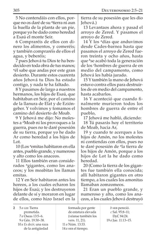 5 No contendáis con ellos, por-
que no os daré de su a
tierra ni aun
la huella de la planta de un pie,
porque yo he dado como heredad
a Esaú el monte Seir.
6 Compraréis de ellos con di-
nero los alimentos, y comeréis;
y también compraréis de ellos el
agua, y beberéis;
7 pues Jehová tu Dios te ha ben-
decido en toda obra de tus manos;
a
él sabe que andas por este gran
desierto. Durante estos cuarenta
años Jehová tu Dios ha estado
contigo, y nada te ha faltado.
8 Y pasamos de largo a nuestros
hermanos, los hijos de Esaú, que
habitaban en Seir, por el camino
de la llanura de Elat y de Ezión-
geber. Y volvimos y tomamos el
camino del desierto de Moab.
9 Y Jehová me dijo: No moles-
tes a a
Moab ni los provoques a la
guerra, pues no te daré posesión
de su tierra, porque yo he dado
Ar como heredad a los hijos de
Lot.
10 (Los a
emitas habitaron en ella
antes, pueblo grande, y numeroso
y alto como los anaceos.
11 Ellos también eran conside-
rados a
gigantes, como los ana-
ceos; y los moabitas los llaman
emitas.
12 Y en Seir habitaron antes los
horeos, a los cuales echaron los
hijos de Esaú; y los destruyeron
delante de sí y moraron en lugar
de ellos, como hizo Israel en la
tierra de su posesión que les dio
Jehová.)
13 Levantaos ahora y pasad el
arroyo de Zered. Y pasamos el
arroyo de Zered.
14 Y los a
días que anduvimos
desde Cades-barnea hasta que
pasamos el arroyo de Zered fue-
ron treinta y ocho años, hasta
que b
se acabó toda la generación
de los c
hombres de guerra de en
medio del campamento, como
Jehová les había jurado.
15 Y también la mano de Jehová
estuvo contra ellos para destruir-
los de en medio del campamento,
hasta acabarlos.
16 Y aconteció que cuando ﬁ-
nalmente murieron todos los
hombres de guerra de entre el
pueblo,
17 Jehová me habló, diciendo:
18 Tú pasarás hoy el territorio
de Moab, hacia Ar,
19 y cuando te acerques a los
hijos de Amón, no los molestes
ni contiendas con ellos, pues no
te daré posesión de a
la tierra de
los hijos de Amón, porque a los
hijos de Lot la he dado como
heredad.
20 (Como la tierra de los gigan-
tes fue también ella conocida;
allí habitaron gigantes en otro
tiempo, a los cuales los amonitas
llamaban zomzomeos.
21 Eran un pueblo grande, y
numeroso y alto, como los ana-
ceos, a los cuales Jehová destruyó
2 5 a GEE Tierra
prometida.
7 a Oseas 13:5–6.
9 a Gén. 19:30–38.
10 a Es decir, una raza
de la antigüedad
formada por gente
de estatura elevada
(véanse también los
vers. 11, 21).
11 a Núm. 13:33.
14 a HEB el tiempo.
b HEB pereció.
c Sal. 95:8–11;
DyC 84:24.
19 a Jue. 11:13–15.
305 DEUTERONOMIO 2:5–21
 