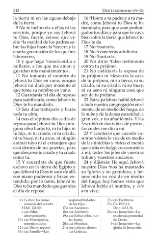 la tierra ni en las aguas debajo
de la tierra.
9 No te inclinarás a ellas ni las
servirás, porque yo soy Jehová
tu Dios, fuerte, celoso, que vi-
sito a
la maldad de los padres so-
bre los hijos hasta la b
tercera y la
cuarta generación de los que me
c
aborrecen,
10 y que hago a
misericordia a
millares, a los que me aman y
guardan mis mandamientos.
11 No tomarás el nombre de
Jehová tu Dios en vano, porque
Jehová no dará por inocente al
que tome su nombre en vano.
12 Guardarás a
el día de reposo
para santiﬁcarlo, como Jehová tu
Dios te ha mandado.
13 Seis días trabajarás y harás
toda tu obra,
14 mas el séptimo día es día de
reposo para Jehová tu Dios; nin-
guna obra harás tú, ni tu hijo, ni
tu hija, ni tu criado, ni tu criada,
ni tu buey, ni tu asno, ni ningún
animal tuyo ni el extranjero que
está dentro de tus puertas, para
que descanse tu criado y tu criada
como tú.
15 Y acuérdate de que fuiste
esclavo en la tierra de Egipto y
que Jehová tu Dios te sacó de allá
con mano poderosa y brazo ex-
tendido; por lo tanto, Jehová tu
Dios te ha mandado que guardes
el día de reposo.
16 a
Honra a tu padre y a tu ma-
dre, como Jehová tu Dios te ha
mandado, para que sean prolon-
gados tus días y para que te vaya
bien sobre la tierra que Jehová tu
Dios te da.
17 No a
matarás.
18 No a
cometerás adulterio.
19 No a
hurtarás.
20 No dirás a
falso testimonio
contra tu prójimo.
21 No codiciarás la esposa de
tu prójimo ni a
desearás la casa
de tu prójimo, ni su tierra, ni su
criado, ni su criada, ni su buey,
ni su asno ni ninguna cosa que
sea de tu prójimo.
22 Estas palabras habló Jehová
a toda vuestra congregación en el
monte, de en medio del fuego, de
la nube y de la densa oscuridad, a
gran voz, y no añadió más. Y las
a
escribió en dos tablas de piedra,
las cuales me dio a mí.
23 Y aconteció que cuando vo-
sotros a
oísteis la voz de en medio
de las tinieblas y visteis el monte
que ardía en fuego, os acercasteis
a mí, todos los jefes de vuestras
tribus y vuestros ancianos,
24 y dijisteis: He aquí, Jehová
nuestro Dios a
nos ha mostrado
su b
gloria y su grandeza, y he-
mos oído su voz de en medio
del fuego; hoy hemos visto que
Jehová habla al hombre, y éste
aún vive.
9 a Es decir, las conse-
cuencias del pecado.
b DyC 124:50.
c GEE Odio,
aborrecimiento.
10 a GEE Misericordia,
misericordioso.
12 a GEE Día de reposo.
16 a GEE Familia—Las
responsabilidades
de los hijos.
17 a GEE Asesinato.
18 a GEE Adulterio.
19 a GEE Robar, robo, hur-
tar, hurto.
20 a GEE Mentiras.
21 a HEB codiciar, desear.
GEE Codiciar.
22 a GEE Escrituras.
23 a Éx. 19:7–13;
Deut. 4:33, 36.
24 a GEE Jesucristo—La
existencia premortal
de Cristo.
b GEE Jesucristo—La
gloria de Jesucristo.
313 DEUTERONOMIO 5:9–24
 