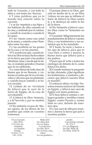 todo tu b
corazón, y con toda tu
alma y con todas tus c
fuerzas.
6 Y estas palabras que yo te
mando hoy estarán sobre tu
corazón;
7 y se las a
repetirás a tus hijos y
les hablarás de ellas estando en
tu casa, y andando por el camino,
y cuando te acuestes y cuando te
levantes.
8 Y las a
atarás como una señal
en tu mano, y estarán como b
fron-
tales entre tus ojos;
9 y las escribirás en los postes
de tu casa y en tus puertas.
10 Y acontecerá que, cuando Je-
hová tu Dios te haya hecho entrar
en la tierra que juró a tus padres
Abraham, Isaac y Jacob que te da-
ría, en ciudades grandes y buenas
que tú no ediﬁcaste,
11 y casas llenas de toda clase de
bienes que tú no llenaste, y cis-
ternas cavadas que tú no cavaste,
viñas y olivares que no plantaste,
y cuando hayas comido y te ha-
yas saciado,
12 cuídate de no a
olvidarte
de Jehová que te sacó de la
tierra de Egipto, de la casa de
servidumbre.
13 A Jehová tu Dios a
temerás,
y a él b
servirás y por su nombre
jurarás.
14 No andaréis en pos de a
dio-
ses ajenos, de los dioses de los
pueblos que están en vuestros
contornos,
15 porque Jehová tu Dios, que
está en medio de ti, es un Dios
a
celoso; no sea que se inﬂame el
furor de Jehová tu Dios contra
ti, y te destruya de sobre la faz
de la tierra.
16 No a
tentaréis a Jehová vues-
tro Dios como lo b
tentasteis en
Masah.
17 Guardad a
diligentemente los
mandamientos de Jehová vuestro
Dios, y sus testimonios y sus es-
tatutos que te ha mandado.
18 Y harás a
lo recto y bueno a
los ojos de Jehová, para que te
vaya bien y entres y poseas la
buena tierra que Jehová juró a
tus padres;
19 para que él a
eche a todos tus
enemigos de delante de ti, como
Jehová ha dicho.
20 Cuando mañana te pregunte
tu hijo, diciendo: ¿Qué signiﬁcan
los testimonios, y estatutos y de-
cretos que Jehová nuestro Dios
os mandó?,
21 entonces dirás a tu hijo: No-
sotros éramos esclavos de Faraón
en Egipto, y Jehová nos sacó de
Egipto con mano poderosa.
22 E hizo Jehová señales y mi-
lagros grandes y terribles contra
Egipto, contra Faraón y contra
toda su casa, delante de nues-
tros ojos;
23 y nos sacó de allá para traer-
nos y darnos la tierra que juró a
nuestros padres.
5 b GEE Corazón.
c DyC 20:31.
7 a Es decir, las
enseñarás.
GEE Enseñar;
Familia.
8 a Prov. 7:1–3.
b Éx. 13:16;
Mateo 23:5.
12 a Alma 46:8.
13 a GEE Temor.
b GEE Servicio.
14 a DyC 20:19.
15 a GEE Celo, celos,
celoso.
16 a HEB pondréis a
prueba.
b HEB pusiste a prueba.
Éx. 17:1–7.
17 a GEE Diligencia.
18 a DyC 58:26–28.
19 a Núm. 33:52–53.
315 DEUTERONOMIO 6:6–23
 