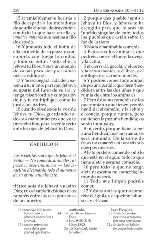 15 irremisiblemente herirás a
ﬁlo de espada a los moradores
de aquella ciudad, destruyéndola
con todo lo que haya en ella, y
también matarás sus bestias a ﬁlo
de espada.
16 Y juntarás todo el botín de
ella en medio de su plaza y con-
sumirás con fuego la ciudad
y todo su botín, a
todo ello, a
Jehová tu Dios. Y será un montón
de ruinas para siempre; nunca
más se ediﬁcará.
17 Y a
no se pegará nada del ana-
tema a tu mano, para que Jehová
se aparte del furor de su ira, y
tenga misericordia y compasión
de ti y te multiplique, como lo
juró a tus padres,
18 cuando obedezcas la voz de
Jehová tu Dios, guardando to-
dos sus mandamientos que yo te
prescribo hoy, para hacer lo recto
ante los ojos de Jehová tu Dios.
CAPÍTULO 14
Los israelitas son hijos de Jehová el
Señor — No comerán animales, ni
peces ni aves inmundos — Los is-
raelitas diezmarán todo el aumento
de su grano anualmente.
a
HIJOS sois de Jehová vuestro
Dios; no os haréis b
incisiones ni os
raparéis entre los ojos por causa
de un muerto;
2 porque eres pueblo a
santo a
Jehová tu Dios, y Jehová te ha
escogido para que le seas un
b
pueblo singular de entre todos
los pueblos que están sobre la
faz de la tierra.
3 Nada abominable comerás.
4 Éstos son los animales que
podréis comer: el buey, la oveja,
y la cabra,
5 el ciervo, la gacela, y el corzo,
y la cabra montés, y el íbice, y el
antílope y el carnero montés.
6 Y podréis comer todo animal
de pezuña partida, que tiene a
hen-
didura entre las dos uñas, y que
rumia de entre los animales.
7 Pero éstos no comeréis de los
que rumian o que tienen pezuña
hendida: el camello, y la liebre y
el conejo, porque rumian, pero
no tienen la pezuña hendida; os
serán inmundos;
8 ni cerdo, porque tiene la pe-
zuña hendida, mas no rumia; os
será inmundo. De la carne de
éstos no comeréis ni tocaréis sus
cuerpos muertos.
9 Esto podréis comer de todo lo
que está en el agua: todo lo que
tiene aleta y escama comeréis,
10 pero todo lo que no tenga
aleta ni escama no comeréis; in-
mundo os será.
11 Toda ave limpia podréis
comer,
12 Y éstas son las que no come-
réis: el águila, y el quebrantahue-
sos, y el a
azor,
16 a HEB todo ello (como
holocausto u
ofrenda encendida a
Jehová).
17 a HEB no retendrás
nada de la pro-
piedad que hayas
conﬁscado.
14 1 a GEE Hijos e hijas de
Dios.
b Lev. 19:28; 21:5;
1 Rey. 18:28.
2 a GEE Santidad; Santo
(adjetivo).
b GEE Escogido.
6 a Es decir, con dos
pezuños separados
por una hendidura.
12 a Es decir, un halcón
de pequeño tamaño.
329 DEUTERONOMIO 13:15–14:12
 