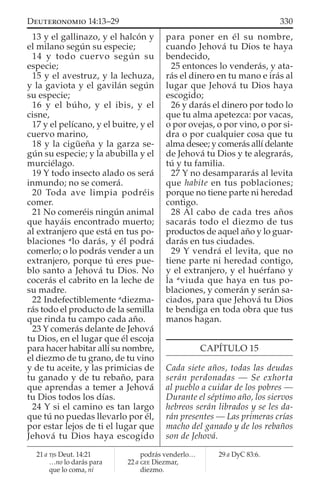 13 y el gallinazo, y el halcón y
el milano según su especie;
14 y todo cuervo según su
especie;
15 y el avestruz, y la lechuza,
y la gaviota y el gavilán según
su especie;
16 y el búho, y el ibis, y el
cisne,
17 y el pelícano, y el buitre, y el
cuervo marino,
18 y la cigüeña y la garza se-
gún su especie; y la abubilla y el
murciélago.
19 Y todo insecto alado os será
inmundo; no se comerá.
20 Toda ave limpia podréis
comer.
21 No comeréis ningún animal
que hayáis encontrado muerto;
al extranjero que está en tus po-
blaciones a
lo darás, y él podrá
comerlo; o lo podrás vender a un
extranjero, porque tú eres pue-
blo santo a Jehová tu Dios. No
cocerás el cabrito en la leche de
su madre.
22 Indefectiblemente a
diezma-
rás todo el producto de la semilla
que rinda tu campo cada año.
23 Y comerás delante de Jehová
tu Dios, en el lugar que él escoja
para hacer habitar allí su nombre,
el diezmo de tu grano, de tu vino
y de tu aceite, y las primicias de
tu ganado y de tu rebaño, para
que aprendas a temer a Jehová
tu Dios todos los días.
24 Y si el camino es tan largo
que tú no puedas llevarlo por él,
por estar lejos de ti el lugar que
Jehová tu Dios haya escogido
para poner en él su nombre,
cuando Jehová tu Dios te haya
bendecido,
25 entonces lo venderás, y ata-
rás el dinero en tu mano e irás al
lugar que Jehová tu Dios haya
escogido;
26 y darás el dinero por todo lo
que tu alma apetezca: por vacas,
o por ovejas, o por vino, o por si-
dra o por cualquier cosa que tu
alma desee; y comerás allí delante
de Jehová tu Dios y te alegrarás,
tú y tu familia.
27 Y no desampararás al levita
que habite en tus poblaciones;
porque no tiene parte ni heredad
contigo.
28 Al cabo de cada tres años
sacarás todo el diezmo de tus
productos de aquel año y lo guar-
darás en tus ciudades.
29 Y vendrá el levita, que no
tiene parte ni heredad contigo,
y el extranjero, y el huérfano y
la a
viuda que haya en tus po-
blaciones, y comerán y serán sa-
ciados, para que Jehová tu Dios
te bendiga en toda obra que tus
manos hagan.
CAPÍTULO 15
Cada siete años, todas las deudas
serán perdonadas — Se exhorta
al pueblo a cuidar de los pobres —
Durante el séptimo año, los siervos
hebreos serán librados y se les da-
rán presentes — Las primeras crías
macho del ganado y de los rebaños
son de Jehová.
21 a TJS Deut. 14:21
…no lo darás para
que lo coma, ni
podrás venderlo…
22 a GEE Diezmar,
diezmo.
29 a DyC 83:6.
330DEUTERONOMIO 14:13–29
 