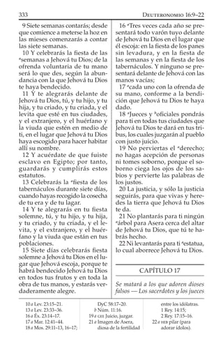 9 Siete semanas contarás; desde
que comience a meterse la hoz en
las mieses comenzarás a contar
las siete semanas.
10 Y celebrarás la ﬁesta de las
a
semanas a Jehová tu Dios; de la
ofrenda voluntaria de tu mano
será lo que des, según la abun-
dancia con la que Jehová tu Dios
te haya bendecido.
11 Y te alegrarás delante de
Jehová tu Dios, tú, y tu hijo, y tu
hija, y tu criado, y tu criada, y el
levita que esté en tus ciudades,
y el extranjero, y el huérfano y
la viuda que estén en medio de
ti, en el lugar que Jehová tu Dios
haya escogido para hacer habitar
allí su nombre.
12 Y acuérdate de que fuiste
esclavo en Egipto; por tanto,
guardarás y cumplirás estos
estatutos.
13 Celebrarás la a
ﬁesta de los
tabernáculos durante siete días,
cuando hayas recogido la cosecha
de tu era y de tu lagar.
14 Y te alegrarás en tu ﬁesta
solemne, tú, y tu hijo, y tu hija,
y tu criado, y tu criada, y el le-
vita, y el extranjero, y el huér-
fano y la viuda que están en tus
poblaciones.
15 Siete días celebrarás ﬁesta
solemne a Jehová tu Dios en el lu-
gar que Jehová escoja, porque te
habrá bendecido Jehová tu Dios
en todos tus frutos y en toda la
obra de tus manos, y estarás ver-
daderamente alegre.
16 a
Tres veces cada año se pre-
sentará todo varón tuyo delante
de Jehová tu Dios en el lugar que
él escoja: en la ﬁesta de los panes
sin levadura, y en la ﬁesta de
las semanas y en la ﬁesta de los
tabernáculos. Y ninguno se pre-
sentará delante de Jehová con las
manos vacías;
17 a
cada uno con la ofrenda de
su mano, conforme a la bendi-
ción que Jehová tu Dios te haya
dado.
18 a
Jueces y b
oﬁciales pondrás
para ti en todas tus ciudades que
Jehová tu Dios te dará en tus tri-
bus, los cuales juzgarán al pueblo
con justo juicio.
19 No perviertas el a
derecho;
no hagas acepción de personas
ni tomes soborno, porque el so-
borno ciega los ojos de los sa-
bios y pervierte las palabras de
los justos.
20 La justicia, y sólo la justicia
seguirás, para que vivas y here-
des la tierra que Jehová tu Dios
te da.
21 No plantarás para ti ningún
a
árbol para Asera cerca del altar
de Jehová tu Dios, que tú te ha-
brás hecho.
22 Ni levantarás para ti a
estatua,
lo cual aborrece Jehová tu Dios.
CAPÍTULO 17
Se matará a los que adoren dioses
falsos — Los sacerdotes y los jueces
10 a Lev. 23:15–21.
13 a Lev. 23:33–36.
16 a Éx. 23:14–17.
17 a Mar. 12:41–44.
18 a Mos. 29:11–13, 16–17;
DyC 58:17–20.
b Núm. 11:16.
19 a GEE Juicio, juzgar.
21 a Imagen de Asera,
diosa de la fertilidad
entre los idólatras.
1 Rey. 14:15;
2 Rey. 17:15–16.
22 a HEB pilar (para
adorar ídolos).
333 DEUTERONOMIO 16:9–22
 
