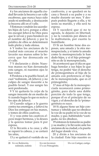 4 y los ancianos de aquella ciu-
dad llevarán la becerra a un valle
escabroso, que nunca haya sido
arado ni sembrado, y desnucarán
la becerra allí en el valle.
5 Entonces vendrán los sacerdo-
tes hijos de Leví, porque a ellos
los escogió Jehová tu Dios para
que le sirvan y para bendecir en
el nombre de Jehová; y por la
palabra de ellos se determinará
todo pleito y toda ofensa.
6 Y todos los ancianos de la
ciudad más cercana al muerto
lavarán sus manos sobre la be-
cerra que fue desnucada en
el valle.
7 Y declararán y dirán: Nues-
tras manos no han derramado
esta sangre, ni nuestros ojos lo
han visto.
8 Perdona a tu pueblo Israel, al
cual a
redimiste, oh Jehová; y no
culpes de sangre inocente a tu
pueblo Israel. Y esa sangre les
será perdonada.
9 Y tú quitarás la culpa de la
sangre inocente de en medio de
ti cuando hagas lo que es recto a
los ojos de Jehová.
10 Cuando salgas a la guerra
contra tus enemigos, y Jehová tu
Dios los entregue en tus manos,
y tomes de ellos cautivos,
11 y veas entre los cautivos al-
guna mujer hermosa, y la desees
y la quieras tomar para ti por
esposa,
12 la llevarás a tu casa; y ella
se rapará la cabeza, y se cortará
las uñas,
13 y se quitará el vestido de su
cautiverio, y se quedará en tu
casa y llorará a su padre y a su
madre durante un mes. Y des-
pués podrás llegarte a ella, y tú
serás su marido, y ella será tu
esposa.
14 Y sucederá que si no te
agrada, la dejarás en libertad;
y no la venderás por dinero ni
la maltratarás, por cuanto la
humillaste.
15 Si un hombre tiene dos es-
posas, una amada y la otra me-
nospreciada, y si tanto la amada
como la menospreciada le han
dado hijos, y si el hijo primogé-
nito es de la menospreciada,
16 acontecerá que el día en que
haga heredar a sus hijos lo que
tenga, no podrá a
dar el derecho
de primogenitura al hijo de la
amada con preferencia al hijo
de la menospreciada, que es el
primogénito;
17 mas al hijo de la menospre-
ciada reconocerá como primo-
génito, para darle una doble
porción de todo lo que tenga,
porque él es el principio de su
vigor, y el derecho de la a
primo-
genitura es suyo.
18 Si alguno tiene un hijo con-
tumaz y rebelde que no obedece
la voz de su padre ni la voz de su
madre, y que, habiéndolo a
casti-
gado, no les obedece,
19 entonces lo tomarán su padre
y su madre y lo llevarán ante los
ancianos de su ciudad, a la puerta
del lugar donde viva,
20 y dirán a los ancianos de
la ciudad: Este hijo nuestro es
21 8 a GEE Redención,
redimido, redimir.
16 a HEB favorecer.
17 a GEE Primogénito.
18 a GEE Castigar, castigo.
340DEUTERONOMIO 21:4–20
 