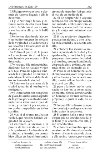 13 Si alguno toma esposa y des-
pués de haberse llegado a ella la
desprecia,
14 y le a
atribuye faltas, y di-
funde acerca de ella mala fama
y dice: A ésta tomé por esposa,
y me llegué a ella y no la hallé
virgen;
15 entonces el padre de la joven
y su madre tomarán las señales
de la virginidad de la doncella y
las llevarán a los ancianos de la
ciudad, a la puerta.
16 Y dirá el padre de la joven
a los ancianos: Yo di mi hija a
este hombre por esposa, y él la
desprecia;
17 y, he aquí, él le atribuye faltas,
diciendo: No he hallado virgen
a tu hija. Pero, he aquí las seña-
les de la virginidad de mi hija. Y
extenderán la sábana delante de
los ancianos de la ciudad.
18 Entonces los ancianos de la
ciudad tomarán al hombre y lo
castigarán,
19 y le multarán con cien piezas
de plata, las cuales darán al padre
de la joven, por cuanto difundió
mala fama sobre una virgen de
Israel; y la tendrá por esposa y
no podrá despedirla en todos
sus días.
20 Mas si el asunto resulta ser
verdad, que no se ha hallado vir-
ginidad en la joven,
21 entonces la sacarán a la
puerta de la casa de su padre
y la apedrearán los hombres de
su ciudad, y a
morirá, por cuanto
hizo vileza en Israel fornicando
en casa de su padre. Así quitarás
el mal de en medio de ti.
22 Si se sorprende a alguno
acostado con una a
mujer casada
con marido, ambos morirán, el
hombre que se acostó con la mu-
jer, y la mujer. Así quitarás el mal
de Israel.
23 Si hay una joven virgen des-
posada con alguno, y otro la ha-
lla en la ciudad y se acuesta con
ella,
24 entonces los sacaréis a am-
bos a la puerta de la ciudad y los
apedrearéis, y morirán: la joven,
porque no dio voces en la ciudad,
y el hombre, porque humilló a la
desposada de su prójimo.Así qui-
tarás el mal de en medio de ti.
25 Pero si un hombre halla en
el campo a una joven desposada,
y él la fuerza y a
se acuesta con
ella, morirá sólo el hombre que
se acostó con ella,
26 pero a la joven no le harás
nada; no hay en la joven culpa
de muerte, porque como cuando
un hombre se levanta contra su
prójimo y le quita la vida, así es
esto.
27 Porque él la halló en el campo;
dio voces la joven desposada y no
hubo quien la socorriese.
28 Si alguno halla a una joven
virgen que no esté desposada, y
la toma y se acuesta con ella, y
son descubiertos,
29 entonces el hombre que se
acostó con ella dará al padre de
la joven cincuenta piezas de plata,
y ella será su a
esposa, por cuanto
14 a O sea, le acusa de
mala o vergonzosa
conducta (véase
también el vers. 17).
21 a GEE Pena de muerte.
22 a GEE Adulterio.
25 a GEE Inmoralidad
sexual.
29 a Éx. 22:16–17.
342DEUTERONOMIO 22:13–29
 