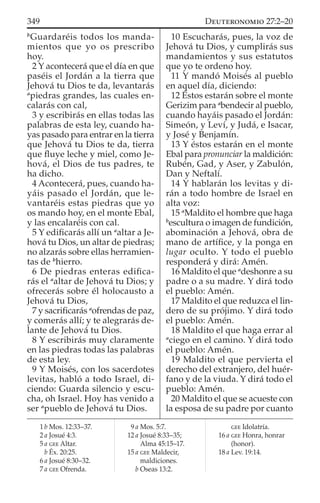 b
Guardaréis todos los manda-
mientos que yo os prescribo
hoy.
2 Y acontecerá que el día en que
paséis el Jordán a la tierra que
Jehová tu Dios te da, levantarás
a
piedras grandes, las cuales en-
calarás con cal,
3 y escribirás en ellas todas las
palabras de esta ley, cuando ha-
yas pasado para entrar en la tierra
que Jehová tu Dios te da, tierra
que ﬂuye leche y miel, como Je-
hová, el Dios de tus padres, te
ha dicho.
4 Acontecerá, pues, cuando ha-
yáis pasado el Jordán, que le-
vantaréis estas piedras que yo
os mando hoy, en el monte Ebal,
y las encalaréis con cal.
5 Y ediﬁcarás allí un a
altar a Je-
hová tu Dios, un altar de piedras;
no alzarás sobre ellas herramien-
tas de b
hierro.
6 De piedras enteras ediﬁca-
rás el a
altar de Jehová tu Dios; y
ofrecerás sobre él holocausto a
Jehová tu Dios,
7 y sacriﬁcarás a
ofrendas de paz,
y comerás allí; y te alegrarás de-
lante de Jehová tu Dios.
8 Y escribirás muy claramente
en las piedras todas las palabras
de esta ley.
9 Y Moisés, con los sacerdotes
levitas, habló a todo Israel, di-
ciendo: Guarda silencio y escu-
cha, oh Israel. Hoy has venido a
ser a
pueblo de Jehová tu Dios.
10 Escucharás, pues, la voz de
Jehová tu Dios, y cumplirás sus
mandamientos y sus estatutos
que yo te ordeno hoy.
11 Y mandó Moisés al pueblo
en aquel día, diciendo:
12 Éstos estarán sobre el monte
Gerizim para a
bendecir al pueblo,
cuando hayáis pasado el Jordán:
Simeón, y Leví, y Judá, e Isacar,
y José y Benjamín.
13 Y éstos estarán en el monte
Ebal para pronunciar la maldición:
Rubén, Gad, y Aser, y Zabulón,
Dan y Neftalí.
14 Y hablarán los levitas y di-
rán a todo hombre de Israel en
alta voz:
15 a
Maldito el hombre que haga
b
escultura o imagen de fundición,
abominación a Jehová, obra de
mano de artíﬁce, y la ponga en
lugar oculto. Y todo el pueblo
responderá y dirá: Amén.
16 Maldito el que a
deshonre a su
padre o a su madre. Y dirá todo
el pueblo: Amén.
17 Maldito el que reduzca el lin-
dero de su prójimo. Y dirá todo
el pueblo: Amén.
18 Maldito el que haga errar al
a
ciego en el camino. Y dirá todo
el pueblo: Amén.
19 Maldito el que pervierta el
derecho del extranjero, del huér-
fano y de la viuda. Y dirá todo el
pueblo: Amén.
20 Maldito el que se acueste con
la esposa de su padre por cuanto
1 b Mos. 12:33–37.
2 a Josué 4:3.
5 a GEE Altar.
b Éx. 20:25.
6 a Josué 8:30–32.
7 a GEE Ofrenda.
9 a Mos. 5:7.
12 a Josué 8:33–35;
Alma 45:15–17.
15 a GEE Maldecir,
maldiciones.
b Oseas 13:2.
GEE Idolatría.
16 a GEE Honra, honrar
(honor).
18 a Lev. 19:14.
349 DEUTERONOMIO 27:2–20
 