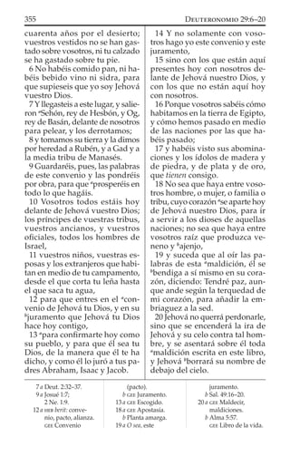 cuarenta años por el desierto;
vuestros vestidos no se han gas-
tado sobre vosotros, ni tu calzado
se ha gastado sobre tu pie.
6 No habéis comido pan, ni ha-
béis bebido vino ni sidra, para
que supieseis que yo soy Jehová
vuestro Dios.
7 Y llegasteis a este lugar, y salie-
ron a
Sehón, rey de Hesbón, y Og,
rey de Basán, delante de nosotros
para pelear, y los derrotamos;
8 y tomamos su tierra y la dimos
por heredad a Rubén, y a Gad y a
la media tribu de Manasés.
9 Guardaréis, pues, las palabras
de este convenio y las pondréis
por obra, para que a
prosperéis en
todo lo que hagáis.
10 Vosotros todos estáis hoy
delante de Jehová vuestro Dios;
los príncipes de vuestras tribus,
vuestros ancianos, y vuestros
oﬁciales, todos los hombres de
Israel,
11 vuestros niños, vuestras es-
posas y los extranjeros que habi-
tan en medio de tu campamento,
desde el que corta tu leña hasta
el que saca tu agua,
12 para que entres en el a
con-
venio de Jehová tu Dios, y en su
b
juramento que Jehová tu Dios
hace hoy contigo,
13 a
para conﬁrmarte hoy como
su pueblo, y para que él sea tu
Dios, de la manera que él te ha
dicho, y como él lo juró a tus pa-
dres Abraham, Isaac y Jacob.
14 Y no solamente con voso-
tros hago yo este convenio y este
juramento,
15 sino con los que están aquí
presentes hoy con nosotros de-
lante de Jehová nuestro Dios, y
con los que no están aquí hoy
con nosotros.
16 Porque vosotros sabéis cómo
habitamos en la tierra de Egipto,
y cómo hemos pasado en medio
de las naciones por las que ha-
béis pasado;
17 y habéis visto sus abomina-
ciones y los ídolos de madera y
de piedra, y de plata y de oro,
que tienen consigo.
18 No sea que haya entre voso-
tros hombre, o mujer, o familia o
tribu, cuyo corazón a
se aparte hoy
de Jehová nuestro Dios, para ir
a servir a los dioses de aquellas
naciones; no sea que haya entre
vosotros raíz que produzca ve-
neno y b
ajenjo,
19 y suceda que al oír las pa-
labras de esta a
maldición, él se
b
bendiga a sí mismo en su cora-
zón, diciendo: Tendré paz, aun-
que ande según la terquedad de
mi corazón, para añadir la em-
briaguez a la sed.
20 Jehová no querrá perdonarle,
sino que se encenderá la ira de
Jehová y su celo contra tal hom-
bre, y se asentará sobre él toda
a
maldición escrita en este libro,
y Jehová b
borrará su nombre de
debajo del cielo.
7 a Deut. 2:32–37.
9 a Josué 1:7;
2 Ne. 1:9.
12 a HEB berit: conve-
nio, pacto, alianza.
GEE Convenio
(pacto).
b GEE Juramento.
13 a GEE Escogido.
18 a GEE Apostasía.
b Planta amarga.
19 a O sea, este
juramento.
b Sal. 49:16–20.
20 a GEE Maldecir,
maldiciones.
b Alma 5:57.
GEE Libro de la vida.
355 DEUTERONOMIO 29:6–20
 