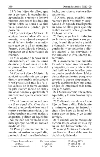 13 Y los hijos de ellos, que
no la conocen, la escucharán y
aprenderán a a
temer a Jehová
vuestro Dios todos los días que
viváis sobre la tierra a la cual
vais, pasando el Jordán, para
poseerla.
14 Y Jehová dijo a Moisés: He
aquí, se ha acercado el día de tu
muerte; llama a Josué, y esperad
en el a
tabernáculo de reunión
para que yo le dé un mandato.
Fueron, pues, Moisés y Josué, y
esperaron en el tabernáculo de
reunión.
15 Y se apareció Jehová en el
tabernáculo, en una columna
de nube; y la columna de nube
se puso sobre la entrada del
tabernáculo.
16 Y Jehová dijo a Moisés: He
aquí, tú vas a dormir con tus pa-
dres, y este pueblo se levantará
y a
se prostituirá tras los b
dio-
ses ajenos de la tierra adonde
va para estar en medio de ella; y
me abandonará y quebrantará
mi convenio que he concertado
con él.
17 Y mi furor se encenderá con-
tra él en aquel día. Y los aban-
donaré y a
esconderé de ellos mi
rostro, y serán consumidos; y les
sobrevendrán muchos males y
angustias, y dirán en aquel día:
¿No me han sobrevenido estos
males porque no está mi Dios en
medio de mí?
18 Pero yo esconderé cierta-
mente mi rostro en aquel día,
por todo el mal que ellos habrán
hecho, por haberse vuelto a dio-
ses ajenos.
19 Ahora, pues, escribid este
a
cántico para vosotros y ense-
ñadlo a los hijos de Israel; ponlo
en boca de ellos, para que este
cántico me sirva de testigo contra
los hijos de Israel.
20 Porque yo los introduciré
en la tierra que juré a sus pa-
dres, la cual ﬂuye leche y miel;
y comerán, y se saciarán y en-
gordarán; y se volverán a dio-
ses ajenos y les servirán; y
me enojarán e invalidarán mi
convenio.
21 Y acontecerá que cuando
les sobrevengan muchos males
y angustias, entonces este cántico
dará testimonio contra ellos, pues
no caerán en el olvido en labios
de sus descendientes; porque yo
conozco lo que se proponen ha-
cer y lo que hacen hoy, aun antes
de que los introduzca en la tierra
que juré darles.
22 Y Moisés escribió este cántico
aquel día, y lo enseñó a los hijos
de Israel.
23 Y a
dio este mandato a Josué
hijo de Nun y dijo: Esfuérzate
y anímate, pues tú introdu-
cirás a los hijos de Israel en la
tierra que les juré, y yo estaré
contigo.
24 Y cuando acabó Moisés de
escribir las palabras de esta ley
en un libro hasta concluirlo,
25 mandó Moisés a los levitas
que llevaban el arca del convenio
de Jehová, diciendo:
13 a GEE Temor—Temor
de Dios.
14 a GEE Tabernáculo.
16 a GEE Apostasía;
Rebelión.
b DyC 1:16.
17 a Ezeq. 39:23.
19 a Deut. 32:1–43.
23 a Deut. 3:28.
359 DEUTERONOMIO 31:13–25
 
