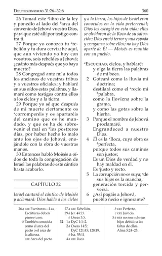 26 Tomad este a
libro de la ley
y ponedlo al lado del b
arca del
convenio de Jehová vuestro Dios,
para que esté allí por testigo con-
tra ti.
27 Porque yo conozco tu a
re-
belión y tu dura cerviz; he aquí,
que aun viviendo yo hoy con
vosotros, sois rebeldes a Jehová;
¿cuánto más después que yo haya
muerto?
28 Congregad ante mí a todos
los ancianos de vuestras tribus
y a vuestros oﬁciales; y hablaré
en sus oídos estas palabras, y lla-
maré como testigos contra ellos
a los cielos y a la tierra.
29 Porque yo sé que después
de mi muerte ciertamente os
a
corromperéis y os apartaréis
del camino que os he man-
dado, y que os ha de sobre-
venir el mal en b
los postreros
días, por haber hecho lo malo
ante los ojos de Jehová, eno-
jándole con la obra de vuestras
manos.
30 Entonces habló Moisés a oí-
dos de toda la congregación de
Israel las palabras de este cántico
hasta acabarlo.
CAPÍTULO 32
Israel cantará el cántico de Moisés
y aclamará: Dios habla a los cielos
y a la tierra; los hijos de Israel eran
conocidos en la vida preterrenal;
Dios los escogió en esta vida; ellos
se olvidaron de la Roca de su salva-
ción; Dios envió terror y una espada
y venganza sobre ellos; no hay Dios
aparte de Él — Moisés es reunido
con su pueblo.
a
ESCUCHAD, cielos, y hablaré;
y oiga la tierra las palabras
de mi boca.
2 Goteará como la lluvia mi
doctrina;
destilará como el a
rocío mi
b
palabra,
como la llovizna sobre la
grama,
y como las gotas sobre la
hierba.
3 Porque el nombre de Jehová
proclamaré.
Engrandeced a nuestro
Dios.
4 Él es la a
Roca, cuya obra es
b
perfecta,
porque todos sus caminos
son justos;
Es un Dios de verdad y no
hay maldad en él.
Es c
justo y recto.
5 La corrupción no es suya; a
de
sus hijos es la mancha,
generación torcida y per-
versa.
6 ¿Así pagáis a Jehová,
pueblo necio e ignorante?
26 a GEE Escrituras—Las
Escrituras deben
preservarse.
b También conocida
como el arca del
pacto o el arca de
la alianza.
GEE Arca del pacto.
27 a GEE Rebelión.
29 a Jer. 44:23.
b Oseas 3:5.
32 1 a DyC 1:1–2.
2 a Oseas 14:5;
DyC 121:45; 128:19.
b Isa. 55:11.
4 a GEE Roca.
b GEE Perfecto.
c GEE Justicia.
5 a HEB no son más sus
hijos debido a las
faltas de ellos.
Alma 5:24–25.
360DEUTERONOMIO 31:26–32:6
 
