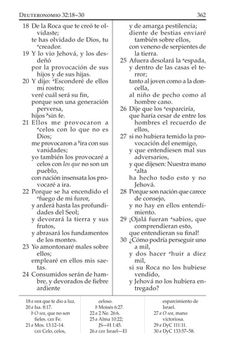 18 De la Roca que te creó te ol-
vidaste;
te has olvidado de Dios, tu
a
creador.
19 Y lo vio Jehová, y los des-
deñó
por la provocación de sus
hijos y de sus hijas.
20 Y dijo: a
Esconderé de ellos
mi rostro;
veré cuál será su ﬁn,
porque son una generación
perversa,
hijos b
sin fe.
21 Ellos me provocaron a
a
celos con lo que no es
Dios;
me provocaron a b
ira con sus
vanidades;
yo también los provocaré a
celos con los que no son un
pueblo,
con nación insensata los pro-
vocaré a ira.
22 Porque se ha encendido el
a
fuego de mi furor,
y arderá hasta las profundi-
dades del Seol;
y devorará la tierra y sus
frutos,
y abrasará los fundamentos
de los montes.
23 Yo amontonaré males sobre
ellos;
emplearé en ellos mis sae-
tas.
24 Consumidos serán de ham-
bre, y devorados de ﬁebre
ardiente
y de amarga pestilencia;
diente de bestias enviaré
también sobre ellos,
con veneno de serpientes de
la tierra.
25 Afuera desolará la a
espada,
y dentro de las casas el te-
rror;
tanto al joven como a la don-
cella,
al niño de pecho como al
hombre cano.
26 Dije que los a
esparciría,
que haría cesar de entre los
hombres el recuerdo de
ellos,
27 si no hubiera temido la pro-
vocación del enemigo,
y que entendiesen mal sus
adversarios,
y que dijesen: Nuestra mano
a
alta
ha hecho todo esto y no
Jehová.
28 Porque son nación que carece
de consejo,
y no hay en ellos entendi-
miento.
29 ¡Ojalá fueran a
sabios, que
comprendieran esto,
que entendieran su ﬁnal!
30 ¿Cómo podría perseguir uno
a mil,
y dos hacer a
huir a diez
mil,
si su Roca no los hubiese
vendido,
y Jehová no los hubiera en-
tregado?
18 a HEB que te dio a luz.
20 a Isa. 8:17.
b O sea, que no son
ﬁeles. GEE Fe.
21 a Mos. 13:12–14.
GEE Celo, celos,
celoso.
b Moisés 6:27.
22 a 2 Ne. 26:6.
25 a Alma 10:22;
JS—H 1:45.
26 a GEE Israel—El
esparcimiento de
Israel.
27 a O sea, mano
victoriosa.
29 a DyC 111:11.
30 a DyC 133:57–58.
362DEUTERONOMIO 32:18–30
 