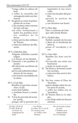 b
venga sobre la cabeza de
José,
y sobre la coronilla del
consagrado entre sus her-
manos.
17 Su gloria es como el primo-
génito de su toro,
y sus cuernos como cuernos
de toro salvaje;
con ellos a
arrinconará a
todos los pueblos hasta
los conﬁnes de la
tierra;
y éstos son los diez millares
de b
Efraín,
y éstos los millares de Ma-
nasés.
18 Y a Zabulón dijo:
Alégrate, Zabulón, cuando
salgas;
y tu Isacar, en tus tiendas.
19 Llamarán a los pueblos al
monte;
allí ofrecerán sacriﬁcios de
justicia,
por lo cual sorberán la abun-
dancia de los mares
y los tesoros escondidos de
la arena.
20 Y a Gad dijo:
Bendito el que hizo ensan-
char a Gad;
como león habita,
y arrebata brazo y coroni-
lla.
21 Y él se ha provisto de la me-
jor a
parte,
porque allí la porción del
legislador le fue reser-
vada,
y vino con los jefes del pue-
blo;
ejecutó la justicia de
Jehová,
y sus decretos con Israel.
22 Y a Dan dijo:
Dan es cachorro de león
que salta desde Basán.
23 Y a Neftalí dijo:
Neftalí, saciado de favores
y lleno de la bendición de
Jehová,
posee el a
occidente y el
sur.
24 Y a Aser dijo:
Bendito sea Aser con hi-
jos.
Favorecido sea entre sus
hermanos
y moje en aceite su pie.
25 De hierro y de bronce serán
tus cerrojos,
y como tus días será tu for-
taleza.
26 No hay como el Dios de
a
Jesurún,
quien cabalga sobre los cie-
los para tu ayuda,
y sobre las nubes con su
b
grandeza.
27 El a
eterno Dios es tu refu-
gio,
y acá abajo están los brazos
eternos;
16 b DyC 133:30–34.
17 a DyC 58:44–45.
GEE Israel—La
congregación de
Israel.
b GEE Efraín.
21 a Núm. 32:1–5, 16–22.
23 a HEB mar, es de-
cir, Galilea, como
herencia.
26 a HEB el recto, el justo.
Isa. 44:2.
b También, en su
majestuosidad.
27 a GEE Trinidad.
366DEUTERONOMIO 33:17–27
 