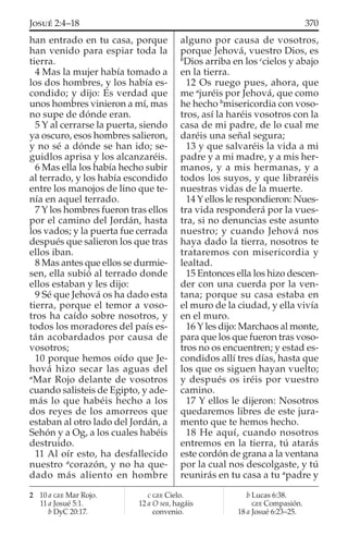 han entrado en tu casa, porque
han venido para espiar toda la
tierra.
4 Mas la mujer había tomado a
los dos hombres, y los había es-
condido; y dijo: Es verdad que
unos hombres vinieron a mí, mas
no supe de dónde eran.
5 Y al cerrarse la puerta, siendo
ya oscuro, esos hombres salieron,
y no sé a dónde se han ido; se-
guidlos aprisa y los alcanzaréis.
6 Mas ella los había hecho subir
al terrado, y los había escondido
entre los manojos de lino que te-
nía en aquel terrado.
7 Y los hombres fueron tras ellos
por el camino del Jordán, hasta
los vados; y la puerta fue cerrada
después que salieron los que tras
ellos iban.
8 Mas antes que ellos se durmie-
sen, ella subió al terrado donde
ellos estaban y les dijo:
9 Sé que Jehová os ha dado esta
tierra, porque el temor a voso-
tros ha caído sobre nosotros, y
todos los moradores del país es-
tán acobardados por causa de
vosotros;
10 porque hemos oído que Je-
hová hizo secar las aguas del
a
Mar Rojo delante de vosotros
cuando salisteis de Egipto, y ade-
más lo que habéis hecho a los
dos reyes de los amorreos que
estaban al otro lado del Jordán, a
Sehón y a Og, a los cuales habéis
destruido.
11 Al oír esto, ha desfallecido
nuestro a
corazón, y no ha que-
dado más aliento en hombre
alguno por causa de vosotros,
porque Jehová, vuestro Dios, es
b
Dios arriba en los c
cielos y abajo
en la tierra.
12 Os ruego pues, ahora, que
me a
juréis por Jehová, que como
he hecho b
misericordia con voso-
tros, así la haréis vosotros con la
casa de mi padre, de lo cual me
daréis una señal segura;
13 y que salvaréis la vida a mi
padre y a mi madre, y a mis her-
manos, y a mis hermanas, y a
todos los suyos, y que libraréis
nuestras vidas de la muerte.
14 Y ellos le respondieron: Nues-
tra vida responderá por la vues-
tra, si no denuncias este asunto
nuestro; y cuando Jehová nos
haya dado la tierra, nosotros te
trataremos con misericordia y
lealtad.
15 Entonces ella los hizo descen-
der con una cuerda por la ven-
tana; porque su casa estaba en
el muro de la ciudad, y ella vivía
en el muro.
16 Y les dijo: Marchaos al monte,
para que los que fueron tras voso-
tros no os encuentren; y estad es-
condidos allí tres días, hasta que
los que os siguen hayan vuelto;
y después os iréis por vuestro
camino.
17 Y ellos le dijeron: Nosotros
quedaremos libres de este jura-
mento que te hemos hecho.
18 He aquí, cuando nosotros
entremos en la tierra, tú atarás
este cordón de grana a la ventana
por la cual nos descolgaste, y tú
reunirás en tu casa a tu a
padre y
2 10 a GEE Mar Rojo.
11 a Josué 5:1.
b DyC 20:17.
c GEE Cielo.
12 a O sea, hagáis
convenio.
b Lucas 6:38.
GEE Compasión.
18 a Josué 6:23–25.
370JOSUÉ 2:4–18
 