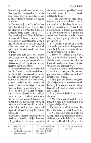ﬁrmes los pies de los sacerdotes,
a
doce piedras, las cuales llevaréis
con vosotros, y las asentaréis en
el lugar donde habéis de pasar
la noche.
4 Entonces Josué llamó a los
doce hombres, los cuales él ha-
bía elegido de entre los hijos de
Israel, uno de cada a
tribu;
5 y les dijo Josué: Pasad delante
del arca de Jehová vuestro Dios
hasta el medio del Jordán; y cada
uno de vosotros tome una piedra
sobre su hombro, conforme al
número de las tribus de los hijos
de Israel,
6 para que esto sea señal entre
vosotros; y cuando vuestros hijos
pregunten a sus padres mañana,
diciendo: ¿Qué signiﬁcan estas
piedras para vosotros?,
7 les responderéis: Las aguas del
Jordán fueron divididas delante
del a
arca del convenio de Jehová;
cuando ésta pasó el Jordán, las
aguas del Jordán se dividieron,
y estas piedras serán un b
monu-
mento conmemorativo para los
hijos de Israel para siempre.
8 Y los hijos de Israel lo hicie-
ron así como Josué les mandó, y
tomaron doce piedras de en me-
dio del Jordán, como Jehová se lo
había dicho a Josué, conforme al
número de las tribus de los hijos
de Israel, y las llevaron consigo al
lugar de alojamiento, y las asen-
taron allí.
9 Josué también levantó doce
piedras en medio del Jordán, en
el lugar donde estuvieron los pies
de los sacerdotes que llevaban el
arca del convenio, y han estado
allí hasta hoy.
10 Y los sacerdotes que lleva-
ban el arca se quedaron de pie
en medio del Jordán, hasta que
se hizo todo lo que Jehová le ha-
bía mandado a Josué que hablase
al pueblo, conforme a todas las
cosas que Moisés le había man-
dado a Josué; y el pueblo se dio
prisa y pasó.
11 Y cuando todo el pueblo
acabó de pasar, también pasó el
arca de Jehová y los sacerdotes,
en presencia del pueblo.
12 También los hijos de Rubén y
los hijos de Gad, y la media tribu
de Manasés, pasaron armados de-
lante de los hijos de Israel, según
a
Moisés les había dicho;
13 como cuarenta mil hombres
armados, listos para la guerra,
pasaron hacia la llanura de Jericó
delante de Jehová.
14 En aquel día Jehová a
engran-
deció a Josué ante los ojos de todo
Israel; y le temieron, como habían
temido a Moisés, todos los días
de su vida.
15 Y Jehová habló a Josué,
diciendo:
16 Manda a los sacerdotes que
llevan el arca del a
testimonio que
salgan del Jordán.
17 Y Josué mandó a los sacerdo-
tes, diciendo: Salid del Jordán.
18 Y aconteció que cuando los
sacerdotes que llevaban el arca
del convenio de Jehová salieron
de en medio del Jordán, y las
4 3 a Deut. 27:2–8;
1 Rey. 18:31.
4 a GEE Israel—Las doce
tribus de Israel.
7 a GEE Arca del pacto.
b GEE Simbolismo.
12 a Deut. 3:18–20.
14 a Josué 3:7.
16 a O sea, del convenio,
del pacto.
373 JOSUÉ 4:4–18
 