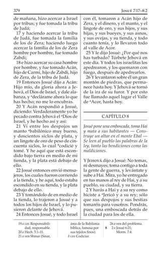 de mañana, hizo acercar a Israel
por tribus; y fue tomada la tribu
de Judá;
17 y haciendo acercar la tribu
de Judá, fue tomada la familia
de los de Zera; haciendo luego
acercar la familia de los de Zera
hombre por hombre, fue tomado
Zabdi;
18 e hizo acercar su casa hombre
por hombre, y fue tomado Acán,
hijo de Carmi, hijo de Zabdi, hijo
de Zera, de la tribu de Judá.
19 Entonces Josué dijo a Acán:
Hijo mío, da gloria ahora a Je-
hová, el Dios de Israel, y dale ala-
banza, y a
declárame ahora lo que
has hecho; no me lo encubras.
20 Y Acán respondió a Josué,
diciendo: Verdaderamente yo he
pecado contra Jehová el a
Dios de
Israel, y he hecho así y así:
21 Vi entre los despojos un
manto a
babilónico muy bueno,
y doscientos siclos de plata, y
un lingote de oro de peso de cin-
cuenta siclos, lo cual b
codicié y
tomé. Y he aquí que está escon-
dido bajo tierra en medio de mi
tienda, y la plata está debajo de
ello.
22 Josué entonces envió mensa-
jeros, los cuales fueron corriendo
a la tienda, y he aquí, todo estaba
escondido en su tienda, y la plata
debajo de ello.
23 Y tomándolo de en medio de
la tienda, lo trajeron a Josué y a
todos los hijos de Israel, y lo pu-
sieron delante de Jehová.
24 Entonces Josué, y todo Israel
con él, tomaron a Acán hijo de
Zera, y el dinero, y el manto, y el
lingote de oro, y sus hijos, y sus
hijas, y sus bueyes, y sus asnos,
y sus ovejas, y su tienda, y todo
cuanto tenía, y lo llevaron todo
al valle de Acor.
25 Y le dijo Josué: ¿Por qué nos
has turbado? Túrbete Jehová en
este día. Y todos los israelitas los
apedrearon, y los quemaron con
fuego, después de apedrearlos.
26 Y levantaron sobre él un gran
montón de piedras, que perma-
nece hasta hoy. Y Jehová se tornó
de la ira de su furor. Y por esto
fue llamado aquel lugar el Valle
de a
Acor, hasta hoy.
CAPÍTULO 8
Josué pone una emboscada, toma Hai
y mata a sus habitantes — Cons-
truye un altar en el monte Ebal —
Se leen al pueblo las palabras de la
ley, tanto las bendiciones como las
maldiciones.
Y JEHOVÁ dijo a Josué: No temas,
ni desmayes; toma contigo a toda
la gente de guerra, y levántate y
sube a Hai. Mira, yo he entregado
en tus manos al rey de Hai, y a su
pueblo, su ciudad, y su tierra.
2 Y harás a Hai y a su rey como
hiciste a a
Jericó y a su rey; sólo
que sus despojos y sus bestias
tomaréis para vosotros. Pondrás,
pues, una emboscada detrás de
la ciudad para los de ella.
19 a GEE Responsabili-
dad, responsable.
20 a Hech. 5:1–11.
21 a HEB Shinar (Sinar,
área de la Babilonia
bíblica, famosa por
sus tejidos ﬁnos).
b GEE Codiciar.
26 a HEB del problema.
8 2 a Josué 6:21;
Morm. 7:4.
379 JOSUÉ 7:17–8:2
 