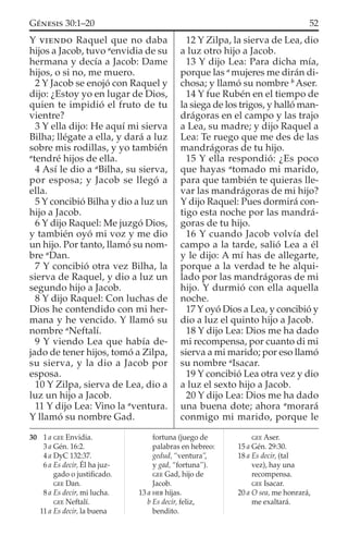 Y VIENDO Raquel que no daba
hijos a Jacob, tuvo a
envidia de su
hermana y decía a Jacob: Dame
hijos, o si no, me muero.
2 Y Jacob se enojó con Raquel y
dijo: ¿Estoy yo en lugar de Dios,
quien te impidió el fruto de tu
vientre?
3 Y ella dijo: He aquí mi sierva
Bilha; llégate a ella, y dará a luz
sobre mis rodillas, y yo también
a
tendré hijos de ella.
4 Así le dio a a
Bilha, su sierva,
por esposa; y Jacob se llegó a
ella.
5 Y concibió Bilha y dio a luz un
hijo a Jacob.
6 Y dijo Raquel: Me juzgó Dios,
y también oyó mi voz y me dio
un hijo. Por tanto, llamó su nom-
bre a
Dan.
7 Y concibió otra vez Bilha, la
sierva de Raquel, y dio a luz un
segundo hijo a Jacob.
8 Y dijo Raquel: Con luchas de
Dios he contendido con mi her-
mana y he vencido. Y llamó su
nombre a
Neftalí.
9 Y viendo Lea que había de-
jado de tener hijos, tomó a Zilpa,
su sierva, y la dio a Jacob por
esposa.
10 Y Zilpa, sierva de Lea, dio a
luz un hijo a Jacob.
11 Y dijo Lea: Vino la a
ventura.
Y llamó su nombre Gad.
12 Y Zilpa, la sierva de Lea, dio
a luz otro hijo a Jacob.
13 Y dijo Lea: Para dicha mía,
porque las a
mujeres me dirán di-
chosa; y llamó su nombre b
Aser.
14 Y fue Rubén en el tiempo de
la siega de los trigos, y halló man-
drágoras en el campo y las trajo
a Lea, su madre; y dijo Raquel a
Lea: Te ruego que me des de las
mandrágoras de tu hijo.
15 Y ella respondió: ¿Es poco
que hayas a
tomado mi marido,
para que también te quieras lle-
var las mandrágoras de mi hijo?
Y dijo Raquel: Pues dormirá con-
tigo esta noche por las mandrá-
goras de tu hijo.
16 Y cuando Jacob volvía del
campo a la tarde, salió Lea a él
y le dijo: A mí has de allegarte,
porque a la verdad te he alqui-
lado por las mandrágoras de mi
hijo. Y durmió con ella aquella
noche.
17 Y oyó Dios a Lea, y concibió y
dio a luz el quinto hijo a Jacob.
18 Y dijo Lea: Dios me ha dado
mi recompensa, por cuanto di mi
sierva a mi marido; por eso llamó
su nombre a
Isacar.
19 Y concibió Lea otra vez y dio
a luz el sexto hijo a Jacob.
20 Y dijo Lea: Dios me ha dado
una buena dote; ahora a
morará
conmigo mi marido, porque le
30 1 a GEE Envidia.
3 a Gén. 16:2.
4 a DyC 132:37.
6 a Es decir, Él ha juz-
gado o justiﬁcado.
GEE Dan.
8 a Es decir, mi lucha.
GEE Neftalí.
11 a Es decir, la buena
fortuna (juego de
palabras en hebreo:
gedud, “ventura”,
y gad, “fortuna”).
GEE Gad, hijo de
Jacob.
13 a HEB hijas.
b Es decir, feliz,
bendito.
GEE Aser.
15 a Gén. 29:30.
18 a Es decir, (tal
vez), hay una
recompensa.
GEE Isacar.
20 a O sea, me honrará,
me exaltará.
52GÉNESIS 30:1–20
 
