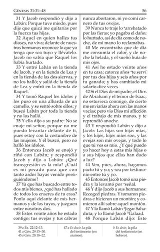31 Y Jacob respondió y dijo a
Labán: Porque tuve miedo, pues
dije que quizá me quitarías por
la fuerza tus hijas.
32 Aquel en quien halles tus
dioses, no viva; delante de nues-
tros hermanos reconoce lo que yo
tenga que sea tuyo y llévatelo.
Jacob no sabía que Raquel los
había hurtado.
33 Y entró Labán en la tienda
de Jacob, y en la tienda de Lea y
en la tienda de las dos siervas, y
no los halló; y salió de la tienda
de Lea y entró en la tienda de
Raquel.
34 Y tomó Raquel los ídolos y
los puso en una albarda de un
camello, y se sentó sobre ellos; y
buscó Labán por toda la tienda
y no los halló.
35 Y ella dijo a su padre: No se
enoje mi señor, porque no me
puedo levantar delante de ti,
pues estoy con la costumbre de
las mujeres. Y él buscó, pero no
halló los ídolos.
36 Entonces Jacob se enojó y
riñó con Labán; y respondió
Jacob y dijo a Labán: ¿Qué
transgresión es la mía? ¿Cuál
es mi pecado para que con
tanto ardor hayas venido persi-
guiéndome?
37 Ya que has buscado entre to-
dos mis bienes, ¿qué has hallado
de todos los enseres de tu casa?
Ponlo aquí delante de mis her-
manos y de los tuyos, y juzguen
entre nosotros dos.
38 Estos veinte años he estado
contigo; tus ovejas y tus cabras
nunca abortaron, ni yo comí car-
nero de tus ovejas.
39 Nunca te traje lo a
arrebatado
por las ﬁeras; yo pagaba el daño;
lo hurtado, así de día como de no-
che, de mi mano lo reclamabas.
40 Me encontraba que de día
me consumía el calor, y de no-
che la helada, y el sueño huía de
mis ojos.
41 Así he estado veinte años
en tu casa; catorce años a
te serví
por tus dos hijas y seis años por
tu ganado; y has cambiado mi
salario diez veces.
42 Si el Dios de mi padre, el Dios
de Abraham y el temor de Isaac,
no estuviera conmigo, de cierto
me enviarías ahora con las manos
vacías; pero vio Dios mi aﬂicción
y el trabajo de mis manos, y te
reprendió anoche.
43 Y respondió Labán y dijo a
Jacob: Las hijas son hijas mías,
y los hijos, hijos míos son, y las
ovejas son mis ovejas, y todo lo
que tú ves es mío. ¿Y qué puedo
yo hacer hoy a estas mis hijas o
a sus hijos que ellas han dado
a luz?
44 Ven, pues, ahora, hagamos
pacto tú y yo; y sea por testimo-
nio entre tú y yo.
45 Entonces Jacob tomó una pie-
dra y la levantó por a
señal.
46 Y dijo Jacob a sus hermanos:
Recoged piedras. Y tomaron pie-
dras e hicieron un montón; y co-
mieron allí sobre aquel montón.
47 Y lo llamó Labán a
Jegar Saha-
duta; y lo llamó Jacob b
Galaad.
48 Porque Labán dijo: Este
39 a Éx. 22:12–13.
41 a Gén. 29:15–30.
45 a Gén. 28:18–22.
47 a Es decir, la pila
del testimonio (en
arameo).
b Es decir, la pila
del testimonio (en
hebreo).
56GÉNESIS 31:31–48
 