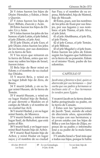 26 Y éstos fueron los hijos de
Disón: Hemdán, y Esbán, e Itrán
y Querán.
27 Y éstos fueron los hijos de
Ezer: Bilhán, Zaaván y Acán.
28 Éstos fueron los hijos de Di-
sán: Uz y Arán.
29 Y éstos fueron los jefes de los
horeos: el jefe Lotán, el jefe Sobal,
el jefe Zibeón, el jefe Aná.
30 El jefe Disón, el jefe Ezer, el
jefe Disán; éstos fueron los jefes
de los horeos, por sus dominios
en la tierra de Seir.
31 Y los reyes que reinaron en
la tierra de Edom, antes que rei-
nase rey sobre los hijos de Israel,
fueron éstos:
32 Bela hijo de Beor reinó en
Edom; y el nombre de su ciudad
fue Dinaba.
33 Y murió Bela, y reinó en
su lugar Jobab hijo de Zera, de
Bosra.
34 Y murió Jobab, y en su lu-
gar reinó Husam, de la tierra de
Temán.
35 Y murió Husam, y reinó en
su lugar Hadad hijo de Bedad,
el que derrotó a Madián en el
campo de Moab; y el nombre de
su ciudad fue Avit.
36 Y murió Hadad, y en su lugar
reinó Samla, de Masreca.
37 Y murió Samla, y reinó en su
lugar Saúl, de Rehobot, que está
junto al Río.
38 Y murió Saúl, y en lugar suyo
reinó Baal-hanán hijo de Acbor.
39 Y murió Baal-hanán hijo de
Acbor, y reinó Hadar en lugar
suyo; y el nombre de su ciudad
fue Pau; y el nombre de su es-
posa, Mehetabel, hija de Matred,
hija de Mezaab.
40 Éstos, pues, son los nombres
de los jefes de Esaú por sus lina-
jes, por sus lugares y sus nom-
bres: el jefe Timna, el jefe Alva,
el jefe Jetet,
41 el jefe Aholibama, el jefe Ela,
el jefe Pinón,
42 el jefe Cenaz, el jefe Temán,
el jefe Mibzar,
43 el jefe Magdiel y el jefe Iram.
Éstos fueron los jefes de Edom
según los lugares que habitaron
en la tierra de su posesión. Edom
es el mismo a
Esaú, padre de los
edomitas.
CAPÍTULO 37
Jacob ama y favorece a José, quien es
aborrecido por sus hermanos — José
sueña que sus padres y hermanos se
inclinan ante él — Sus hermanos
lo venden para Egipto.
Y HABITÓ Jacob en la tierra donde
había peregrinado su padre, en
la tierra de Canaán.
2 Éstas son las a
generaciones
de Jacob: b
José, siendo de edad
de diecisiete años, apacentaba
las ovejas con sus hermanos; y
el joven estaba con los hijos de
Bilha y con los hijos de Zilpa, es-
posas de su padre; e informaba
José a su padre de la mala fama
de ellos.
3 Y amaba Israel a a
José más que
a todos sus hijos, porque le había
43 a Jer. 49:10–17.
GEE Esaú.
37 2 a GEE Genealogía.
b Gén. 41:46.
3 a GEE José, hijo de
Jacob.
65 GÉNESIS 36:26–37:3
 