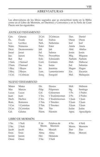 VIII
ABREVIATURAS
Las abreviaturas de los libros sagrados que se encuentran tanto en la Biblia
como en el Libro de Mormón, en Doctrina y Convenios y en la Perla de Gran
Precio son las siguientes:
ANTIGUO TESTAMENTO
Gén. Génesis
Éx. Éxodo
Lev. Levítico
Núm. Números
Deut. Deuteronomio
Josué Josué
Jue. Jueces
Rut Rut
1 Sam. 1 Samuel
2 Sam. 2 Samuel
1 Rey. 1 Reyes
2 Rey. 2 Reyes
1 Cró. 1 Crónicas
2 Cró. 2 Crónicas
Esd. Esdras
Neh. Nehemías
Ester Ester
Job Job
Sal. Salmos
Prov. Proverbios
Ecle. Eclesiastés
Cant. Cantares
Isa. Isaías
Jer. Jeremías
Lam. Lamentaciones
Ezeq. Ezequiel
Dan. Daniel
Oseas Oseas
Joel Joel
Amós Amós
Abd. Abdías
Jonás Jonás
Miq. Miqueas
Nahúm Nahúm
Hab. Habacuc
Sof. Sofonías
Hageo Hageo
Zac. Zacarías
Mal. Malaquías
NUEVO TESTAMENTO
Mateo Mateo
Mar. Marcos
Lucas Lucas
Juan Juan
Hech. Hechos
Rom. Romanos
1 Cor. 1 Corintios
2 Cor. 2 Corintios
Gál. Gálatas
Efe. Efesios
Filip. Filipenses
Col. Colosenses
1 Tes. 1 Tesalonicenses
2 Tes. 2 Tesalonicenses
1 Tim. 1 Timoteo
2 Tim. 2 Timoteo
Tito Tito
Filem. Filemón
Heb. Hebreos
Stg. Santiago
1 Pe. 1 Pedro
2 Pe. 2 Pedro
1 Juan 1 Juan
2 Juan 2 Juan
3 Juan 3 Juan
Judas Judas
Apoc. Apocalipsis
LIBRO DE MORMÓN
1 Ne. 1 Neﬁ
2 Ne. 2 Neﬁ
Jacob Jacob
Enós Enós
Jarom Jarom
Omni Omni
P. de
Morm.
Palabras de
Mormón
Mos. Mosíah
Alma Alma
Hel. Helamán
3 Ne. 3 Neﬁ
4 Ne. 4 Neﬁ
Morm. Mormón
Éter Éter
Moro. Moroni
 