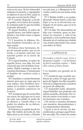 está en mi saco. Se les sobresaltó
entonces el corazón, y espantados
se dijeron el uno al otro: ¿Qué es
esto que nos ha hecho Dios?
29 Y cuando llegaron a Jacob,
su padre, en la tierra de Canaán,
le contaron todo lo que les había
acaecido, diciendo:
30 Aquel hombre, el señor de
aquella tierra, nos habló áspera-
mente y nos trató como a espías
de la tierra.
31 Y nosotros le dijimos: So-
mos hombres honrados; no so-
mos espías.
32 Somos doce hermanos, hi-
jos de nuestro padre; uno ya no
existe, y el menor está hoy con
nuestro padre en la tierra de
Canaán.
33 Y aquel hombre, el señor de
aquella tierra, nos dijo: En esto
conoceré que sois hombres hon-
rados: Dejad conmigo a uno de
vuestros hermanos, y tomad para
el hambre de vuestras casas y
andad.
34 Y traedme a vuestro hermano
menor, para que yo sepa que no
sois espías, sino hombres hon-
rados; así os daré a vuestro her-
mano, y podréis comerciar en
la tierra.
35 Y aconteció que al vaciar ellos
sus sacos, he aquí que en el saco
de cada uno estaba el atado de
su dinero; y viendo ellos y su
padre los atados de su dinero,
tuvieron temor.
36 Entonces su padre Jacob les
dijo: Me habéis privado de mis
hijos; José ya no existe, y Simeón
no está más, y a a
Benjamín le lle-
varéis; contra mí son todas estas
cosas.
37 Y Rubén habló a su padre,
diciendo: Harás morir a mis dos
hijos si no te lo devolviere; en-
trégalo en mi mano, que yo te lo
devolveré.
38 Y él dijo: No descenderá mi
hijo con vosotros, pues su her-
mano ha muerto, y sólo él ha
quedado; y si le aconteciere algún
desastre en el camino por donde
vais, haréis descender mis canas
con dolor al a
Seol.
CAPÍTULO 43
Persuaden a Jacob a que envíe a
Benjamín a Egipto — Los hermanos
de José le muestran respeto — Todos
ellos comen y beben juntos.
Y EL hambre era grande en la
tierra.
2 Y aconteció que cuando aca-
baron de comer el trigo que tra-
jeron de Egipto, les dijo su padre:
Volved y comprad para nosotros
un poco de alimento.
3 Y respondió Judá, diciendo:
Aquel hombre nos protestó con
ánimo resuelto, diciendo: No ve-
réis mi rostro si no traéis a vues-
tro hermano con vosotros.
4 Si envías a nuestro hermano
con nosotros, descenderemos y
te compraremos alimento;
5 pero si no le envías, no des-
cenderemos, porque aquel hom-
bre nos dijo: No veréis mi rostro
36 a Gén. 44:29.
38 a HEB mundo o mo-
rada de los muertos,
sepulcro, inﬁerno.
77 GÉNESIS 42:29–43:5
 