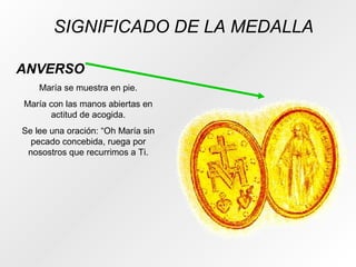 SIGNIFICADO DE LA MEDALLA
ANVERSO
María se muestra en pie.
María con las manos abiertas en
actitud de acogida.
Se lee una oración: “Oh María sin
pecado concebida, ruega por
nosostros que recurrimos a Ti.
 