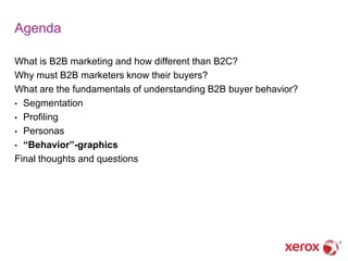 Agenda

What is B2B marketing and how different than B2C?
Why must B2B marketers know their buyers?
What are the fundamentals of understanding B2B buyer behavior?
• Segmentation
• Profiling
• Personas
• “Behavior”-graphics
Final thoughts and questions
 