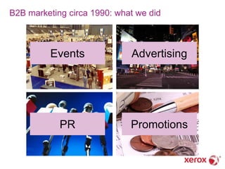 B2B marketing circa 1990: what we did



         Events              Advertising




            PR               Promotions
 