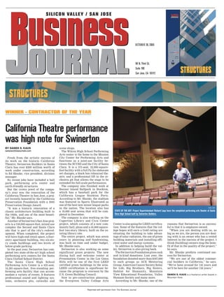 96 N. Third St.
Suite 100
San Jose, CA 95112
OCTOBER 28, 2005
JOURNALJOURNAL
Business
JOURNAL
Business
JOURNAL
Business
JOURNAL
Business
JOURNALJOURNAL
Business
SILICON VALLEY / SAN JOSE
Reprinted with permission from The Business Journal
BY DANEK S. KAUS
sanjose@bizjournals.com
Fresh from the artistic success of
its work on the historic California
Theatre, Swinerton Builders in Santa
Clara has over $200 million worth of
work under construction, according
to Ed Blanke, vice president, division
manager.
Its recent jobs have included a ball
park, performing arts center and
earth-friendly structures.
But the crown jewel of the compa-
ny’s year was the renovation of the
California Theatre in San Jose, a proj-
ect recently honored by the California
Preservation Foundation with a 2005
Preservation Design Award.
“It was a historic renovation of a
classic architecture building built in
the 1920s, and one of the most beauti-
ful,” Mr. Blanke says.
Another of Swinerton’s San Jose proj-
ects is a 150,000 square-foot, mixed use
complex the Second and Santa Clara
site that is part of the city’s redevel-
opment. When completed, the project
will have high-end retail space, a four-
story apartment building, two six-sto-
ry condo buildings and two levels of
below-grade parking.
In the past year, Swinerton has com-
pleted two state-of-the-art high school
performing arts centers for the Santa
Clara Unified School District.
The Santa Clara High School
Performing Arts Center is a 425-seat,
14,281-square-foot, free-standing per-
forming arts facility that can accom-
modate a variety of events. It features
professional sound and lighting sys-
tems, orchestra pits, catwalks and
scene shops.
The Wilcox High School Performing
Arts center is the home to the Mission
City Center for Performing Arts and
functions as a joint-use facility be-
tween the SCUSD and the City of Santa
Clara. It is a 375-seat, 22,000-square-
foot facility with a full fly for elaborate
set changes, a black box rehearsal the-
atre, and a professional lift in the or-
chestra pit that allows the stage to be
extended for full-scale performances.
The company also finished work at
Banner Island Ballpark in Stockton,
which has a baseball park for the
California League Stockton Ports.
According to Mr. Blanke, the stadium
was featured in Sports Illustrated as
one of the best new minor league parks
in the nation. The location also has
a 10,000 seat arena that will be com-
pleted in December.
The company is also working on the
Cupertino Library and Civic Center
project, which consists of a new com-
munity hall, plaza and a 54,000 square-
foot two-story library, built on the ex-
isting library site.
The entire project, which was seven
years in planning and fundraising,
was built on time and under budget,
Mr. Blanke says.
Swinerton is also working on some
significant green projects. The new
dining hall and welcome center at
Presentation Center in the Los Gatos
Hills will be one of the first LEED
certified green buildings in the area.
LEED certification is significant be-
cause the program is overseen by the
U.S. Green Building Council.
Now in pre-construction planning,
the Evergreen Valley College Arts
Center is also going for LEED certifica-
tion. Some of the features that the col-
lege hopes will earn a Gold rating are
situating the building to take advan-
tage of solar radiation, the use of green
building materials and installing effi-
cient water and energy systems.
In addition to helping build the val-
ley, Swinerton is also giving back.
TheSwinertonFoundationgivescash
and in-kind donations. Last year, the
foundation donated more than $167,000
to such groups as ACE Mentoring
Group, American Cancer Society Relay
for Life, Big Brothers, Big Sisters,
Habitat for Humanity, Mountain
View Educational Foundation, Valley
Humane Society and many more.
According to Mr. Blanke, one of the
reasons that Swinerton is so success-
ful is that it is employee-owned.
“When you are dealing with us, as
big as we are, the person you are deal-
ing with is an owner who has a vested
interest in the success of the project. I
think [building] owners reap the bene-
fit of that in the quality of the project,”
he says.
Mr. Blanke predicts continued suc-
cess for Swinerton.
“We are one of the oldest commer-
cial builders in California,” he says.
“We’ve been around for 116 years and
we’ll be here for another 116 years.”
DANEK S. KAUS is a freelance writer based in
Mountain View.
California Theatre performance
was high note for Swinerton
DOUG CODY
STATE OF THE ART: Project Superintendant Richard Lapp tours the completed performing arts theater at Santa
Clara High School built by Swinerton Builders.
WINNER - CONTRACTOR OF THE YEAR
 