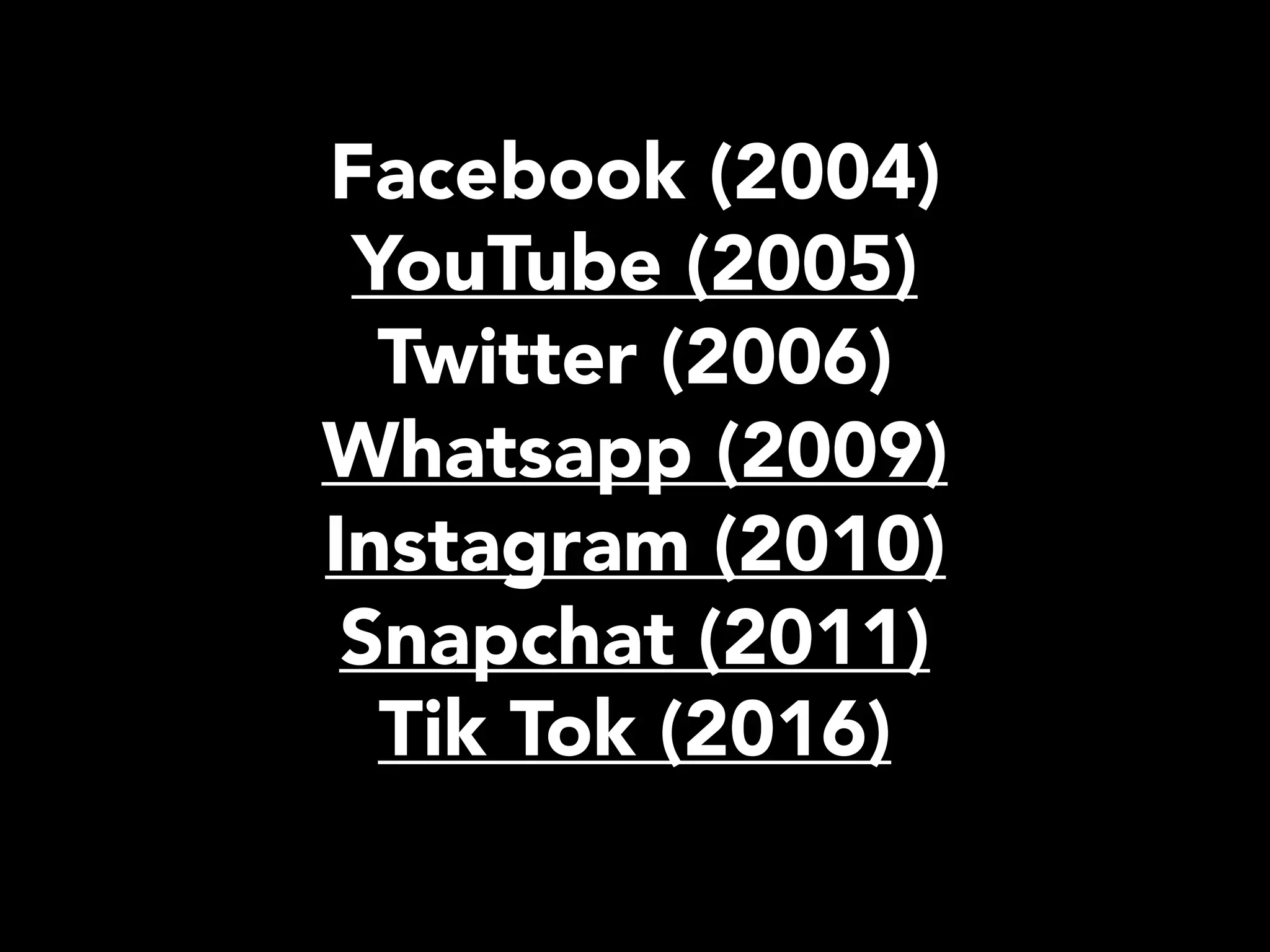 Facebook (2004)
YouTube (2005)
Twitter (2006)
Whatsapp (2009)
Instagram (2010)
Snapchat (2011)
Tik Tok (2016)
 