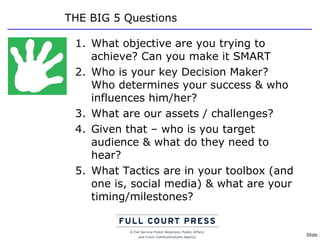 THE BIG 5 Questions What objective are you trying to achieve? Can you make it SMART Who is your key Decision Maker?  Who determines your success & who influences him/her? What are our assets / challenges? Given that – who is you target audience & what do they need to hear?  What Tactics are in your toolbox (and one is, social media) & what are your timing/milestones? 
