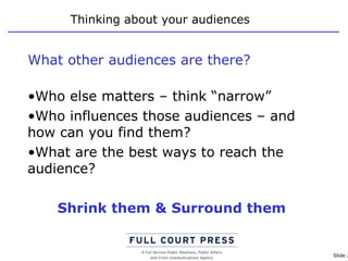 Thinking about your audiences What other audiences are there? Who else matters – think “narrow” Who influences those audiences – and how can you find them? What are the best ways to reach the audience? Shrink them & Surround them 