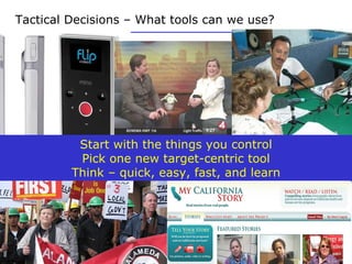 Tactical Decisions – What tools can we use? Start with the things you control Pick one new target-centric tool Think – quick, easy, fast, and learn 