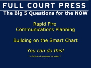 The Big 5 Questions for the NOW Rapid Fire  Communications Planning Building on the Smart Chart You can do this! * Lifetime Guarantee Included *   