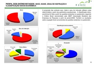 PERFIL DOS ENTREVISTADOS:  SEXO, IDADE, GRAU DE INSTRUÇÃO E  CLASSIFICAÇÃO SÓCIO-ECONÔMICA A proporção das variáveis sexo, idade e grau de instrução refletem cotas determinadas a partir dos parâmetros populacionais.  A classificação sócio-econômica foi feita a partir de questões existentes no questionário, seguindo o Critério Brasil recomendado pela ABEP (Associação Brasileira das Empresas de Pesquisa) a partir de janeiro/2008. Também os resultados sobre ocupação foram provenientes de questões existentes no questionário. 