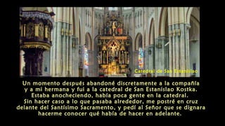 Un momento después abandoné discretamente a la compañía
y a mi hermana y fui a la catedral de San Estanislao Kostka.
Estaba anocheciendo, había poca gente en la catedral.
Sin hacer caso a lo que pasaba alrededor, me postré en cruz
delante del Santísimo Sacramento, y pedí al Señor que se dignara
hacerme conocer qué había de hacer en adelante.
Catedral de San Estanislao
 