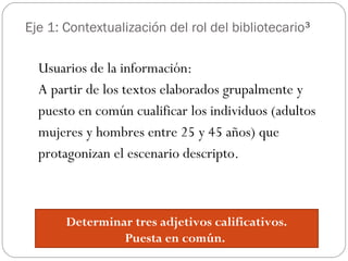 Eje 1: Contextualización del rol del bibliotecario3
Usuarios de la información:
A partir de los textos elaborados grupalmente y
puesto en común cualificar los individuos (adultos
mujeres y hombres entre 25 y 45 años) que
protagonizan el escenario descripto.
Determinar tres adjetivos calificativos.
Puesta en común.
 