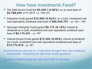 How have Investments Fared?
 The Debt Service Fund lost $3,049 (-0.06%) on an asset base of
$4,788,945 in FY 2013 – p. 139-141
 Enterprise Funds gained $10,969 (0.02%) on a Cash, Investment and
cash equivalents combined asset base of $66,536,791 – p. 143 – 145
 Nonmajor Enterprise Funds gained $9,174 (0.15%) interest &
dividends on a Cash, Investment and cash equivalents combined asset
base of $6,115,431 – p. 147
 Internal Service Funds gained $12,593 (0.09%) interest & dividends
on a Cash, Investment and cash equivalents combined asset base of
$14,772,816 – p. 161
Would dividends returned by a Public Bank be higher than from traditional
investments? Would they be safer from market gyrations?
The Bank of North Dakota has had a 20% ROE for 20 years.
 