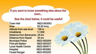 If you want to know something else about the
town…
See the chart below, it could be useful!
Town Hall 0823-953053
Area 62,92 kmq
Altitude from sea level 156 m
Inhabitants 11,558
Distance from Benevento 25 km
Distance from Napoli 35 km
Municipal Police 0823-953054
First-aid Station 0823-953327
Local Health Centre 0823-954511
Hospital 0823-953062
Forest Ranger 0823-953203
 